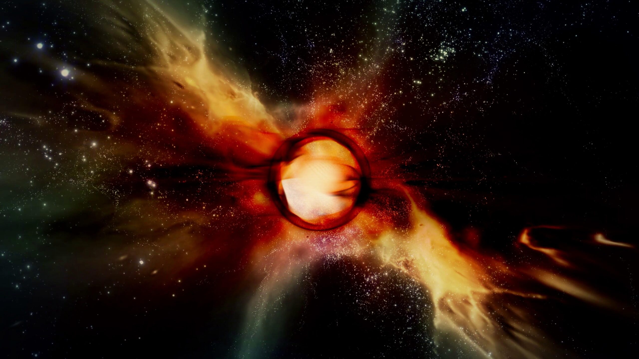 A cosmic 4K video loop with a bright central object surrounded by swirling vibrant colors and stars.