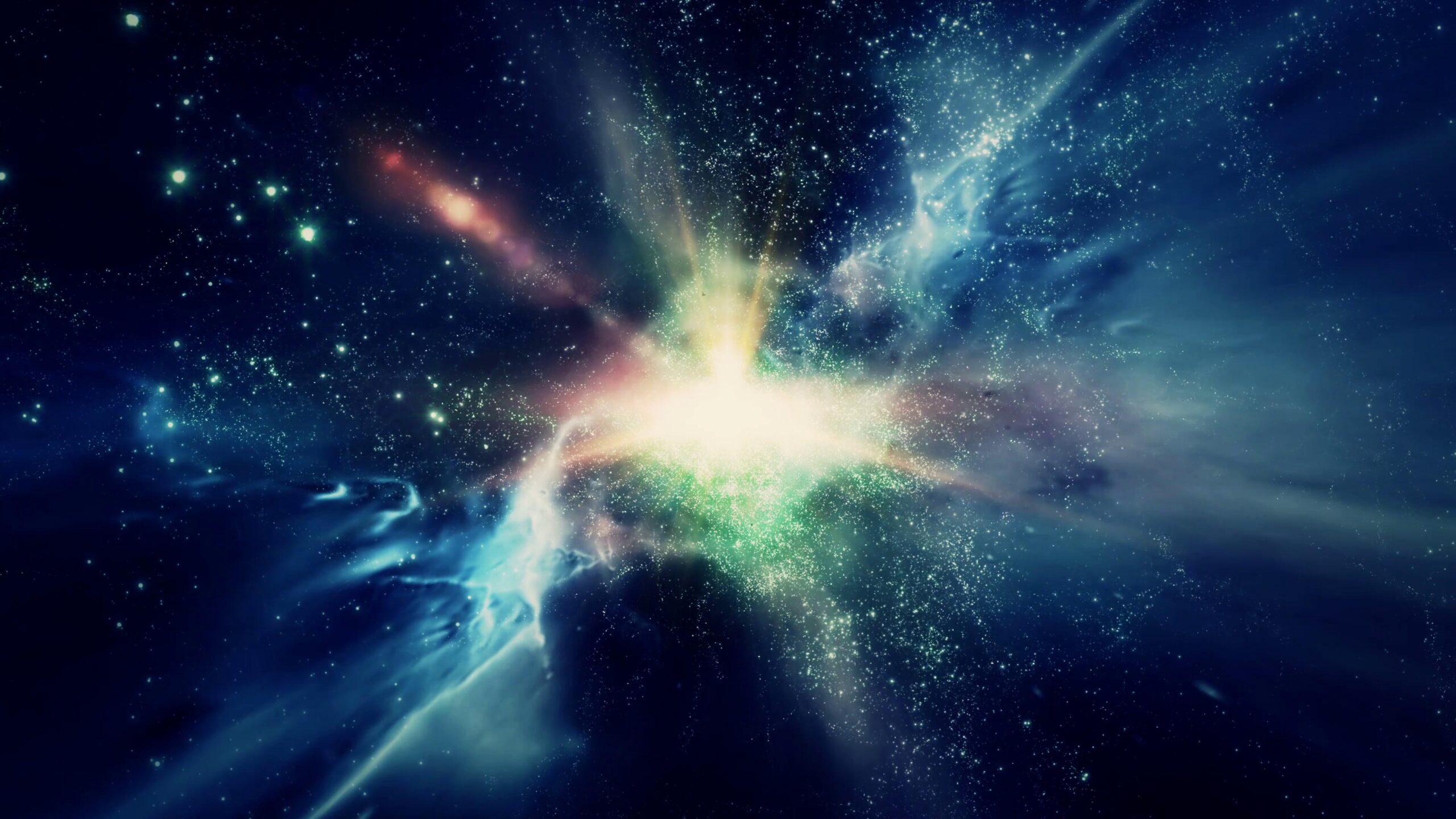 A vibrant cosmic burst with swirling colors and stars, resembling a nebula or supernova in the universe.
