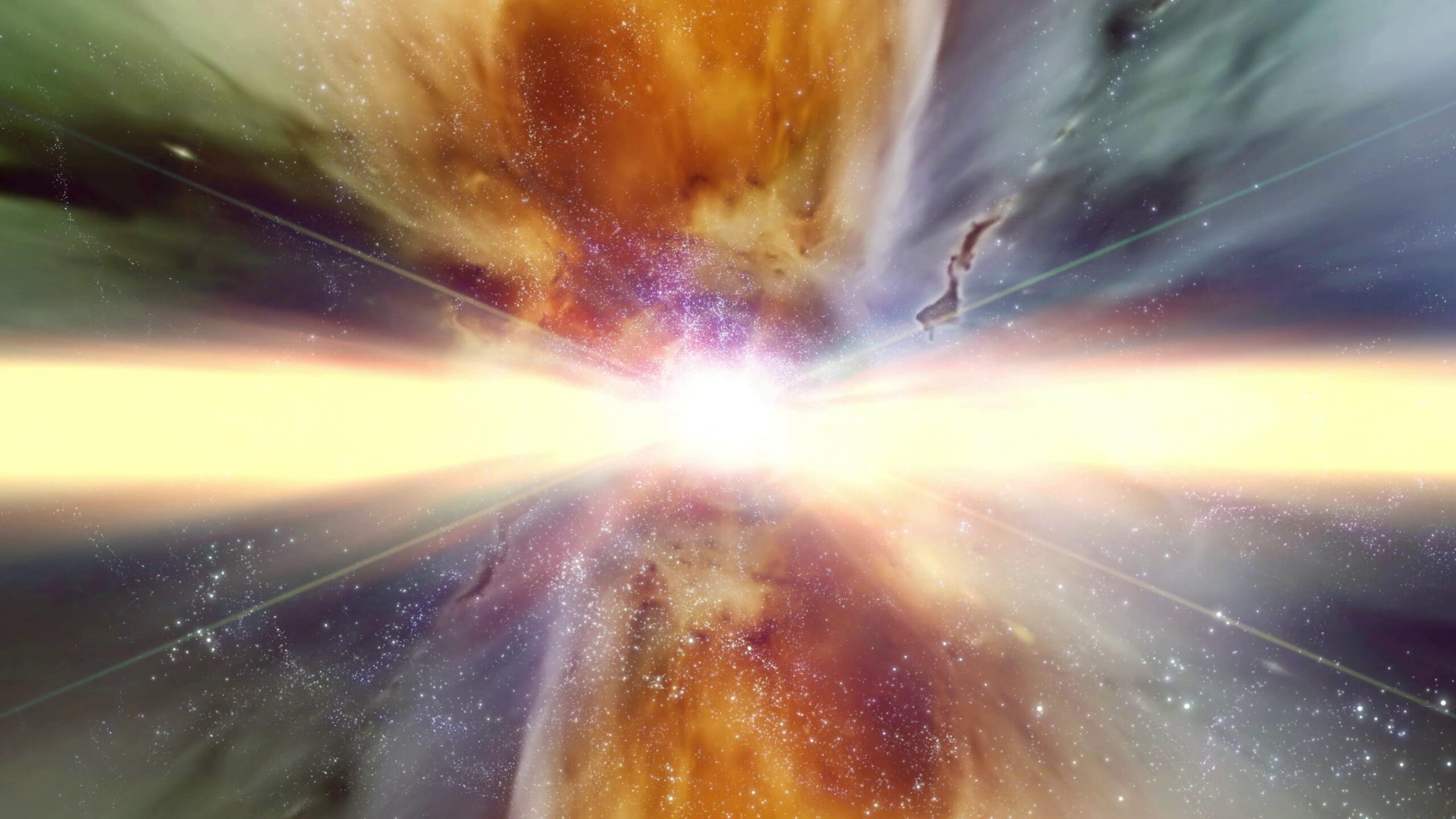 4K looping video of a stunning cosmic explosion with radiant light bursts and colorful streaks in a starry galaxy setting.