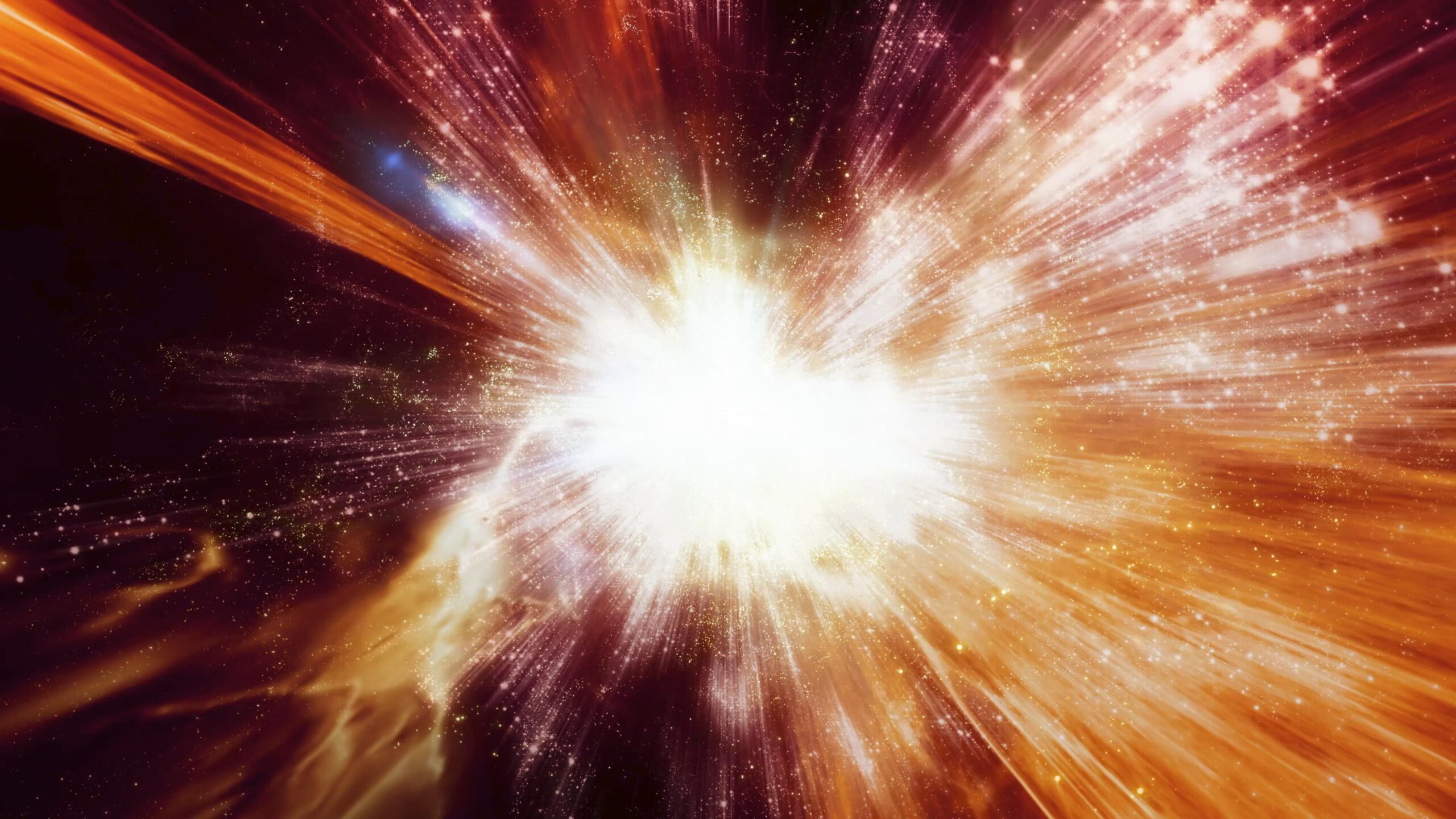 4K video loop of a spectacular cosmic explosion with radiant light beams emanating from a central, bright core in space.