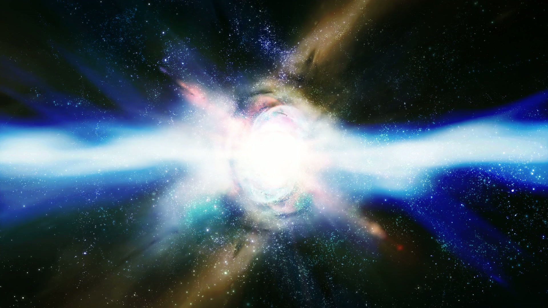 A stunning cosmic video loop featuring a bright central light, surrounded by swirling colors of blue, green, and pink, animating a galactic explosion or supernova with scattered stars in the vast universe.