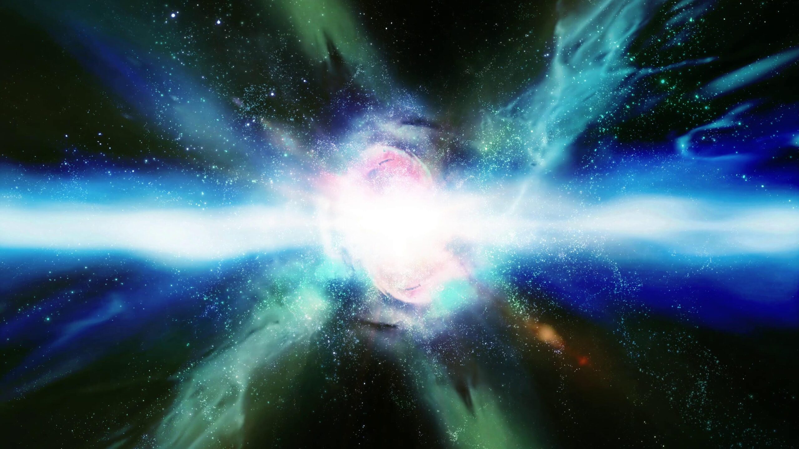 4K video loop of a bright galactic explosion with vibrant colors in deep space.
