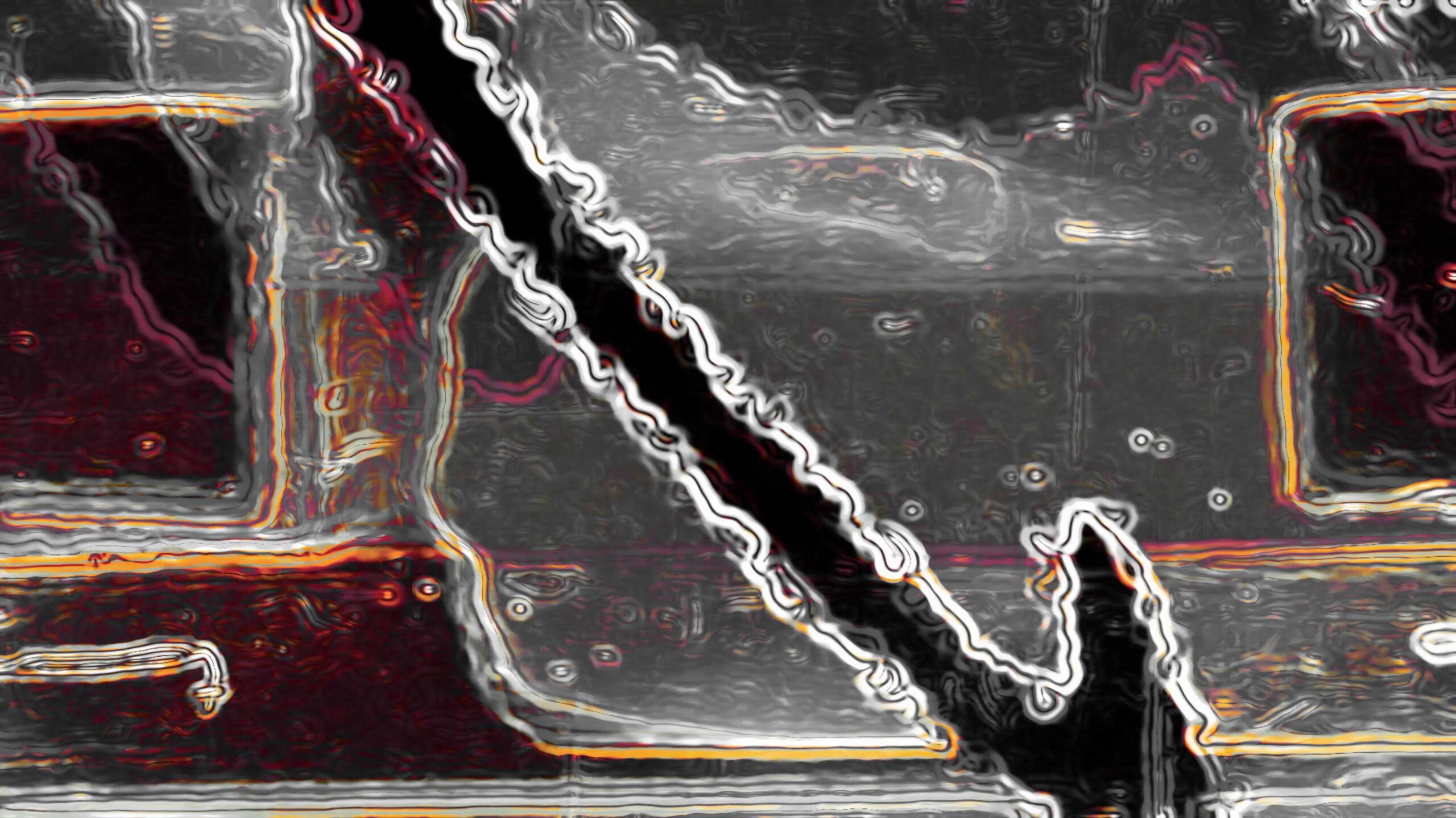 4K video loop of a surreal and abstract aesthetic, dominated by distorted textures resembling warped surfaces or glitched digital artifacts. The central focus is an irregularly shaped void outlined in jagged white lines against a background pulsating with swirling patterns.