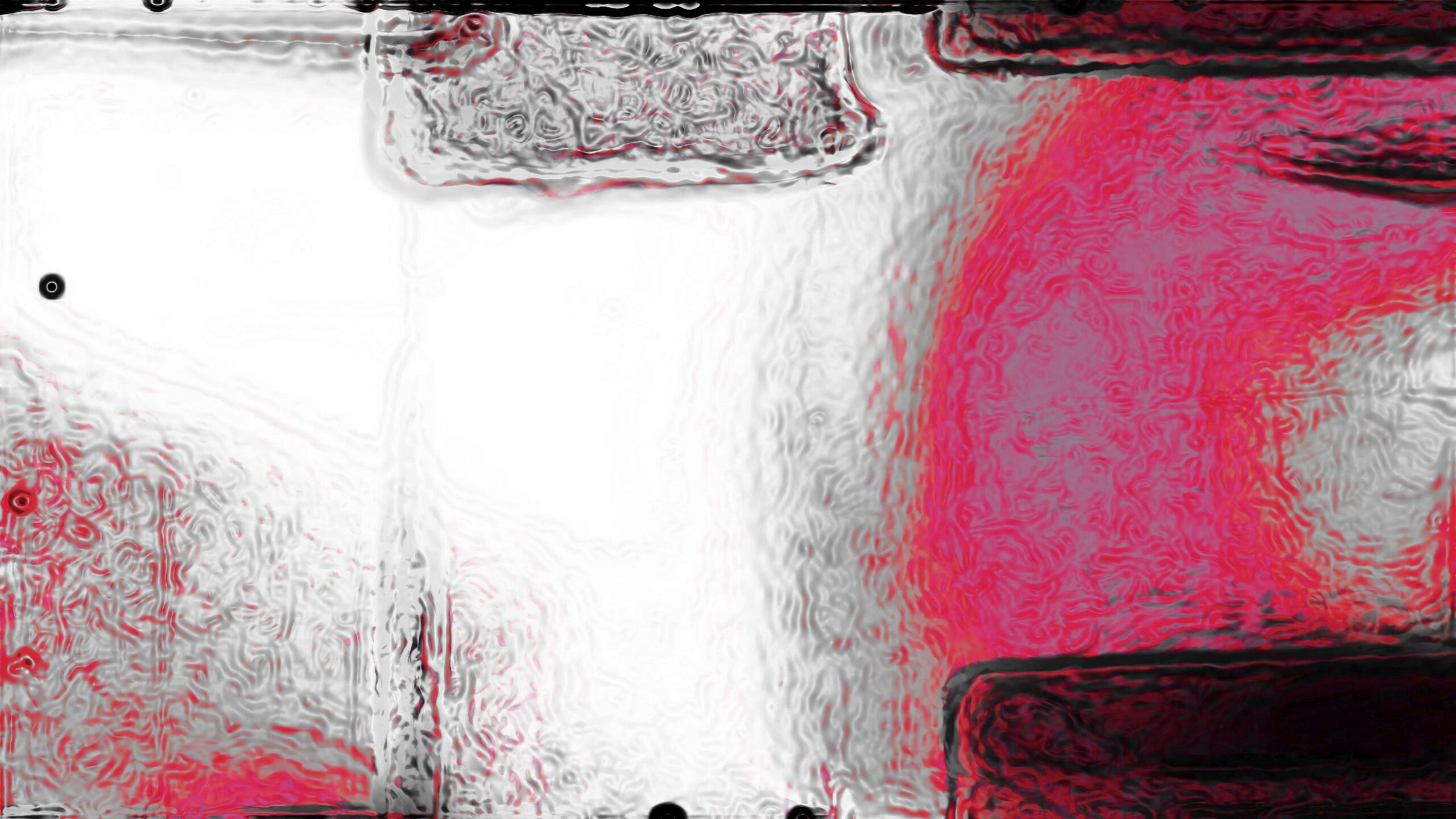 The abstract digital 4K video loop presents a surreal fusion of geometric forms and organic textures in an unsettling visual composition.