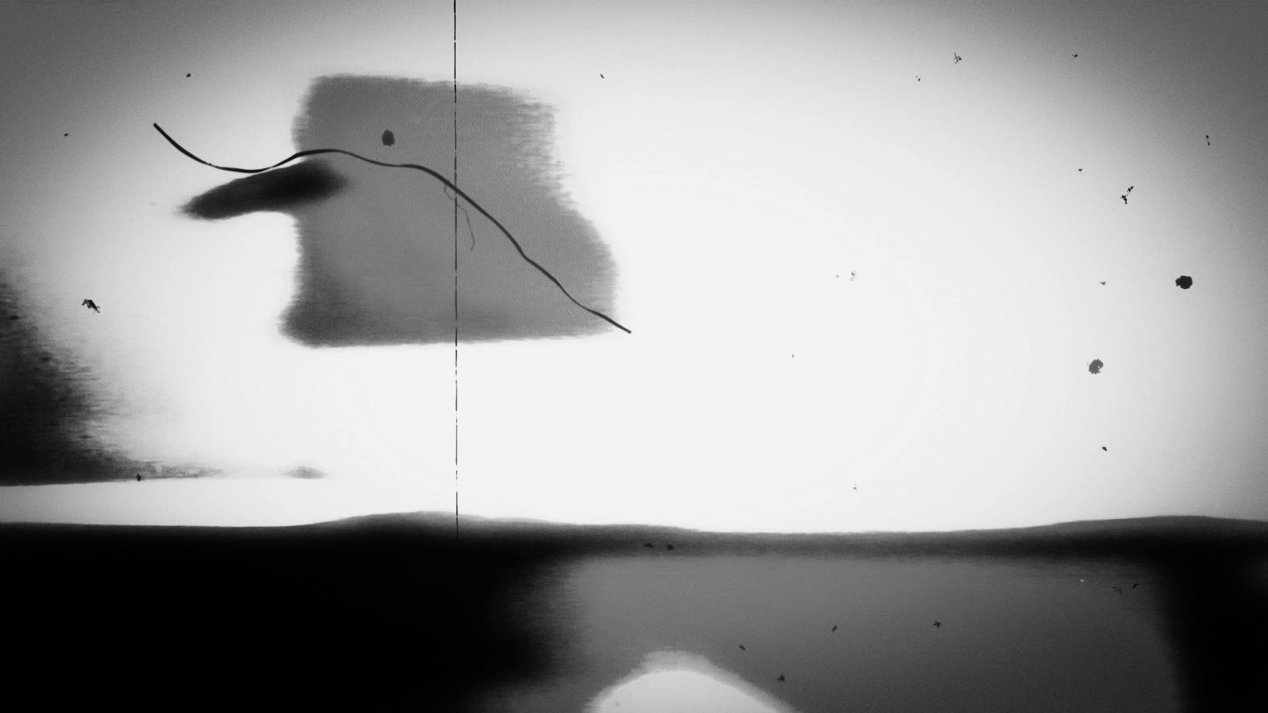 Black-and-white 4K video loop of 16mm film leader with scratches, dust spots, and faded stripes – nostalgic cinema artifacts.