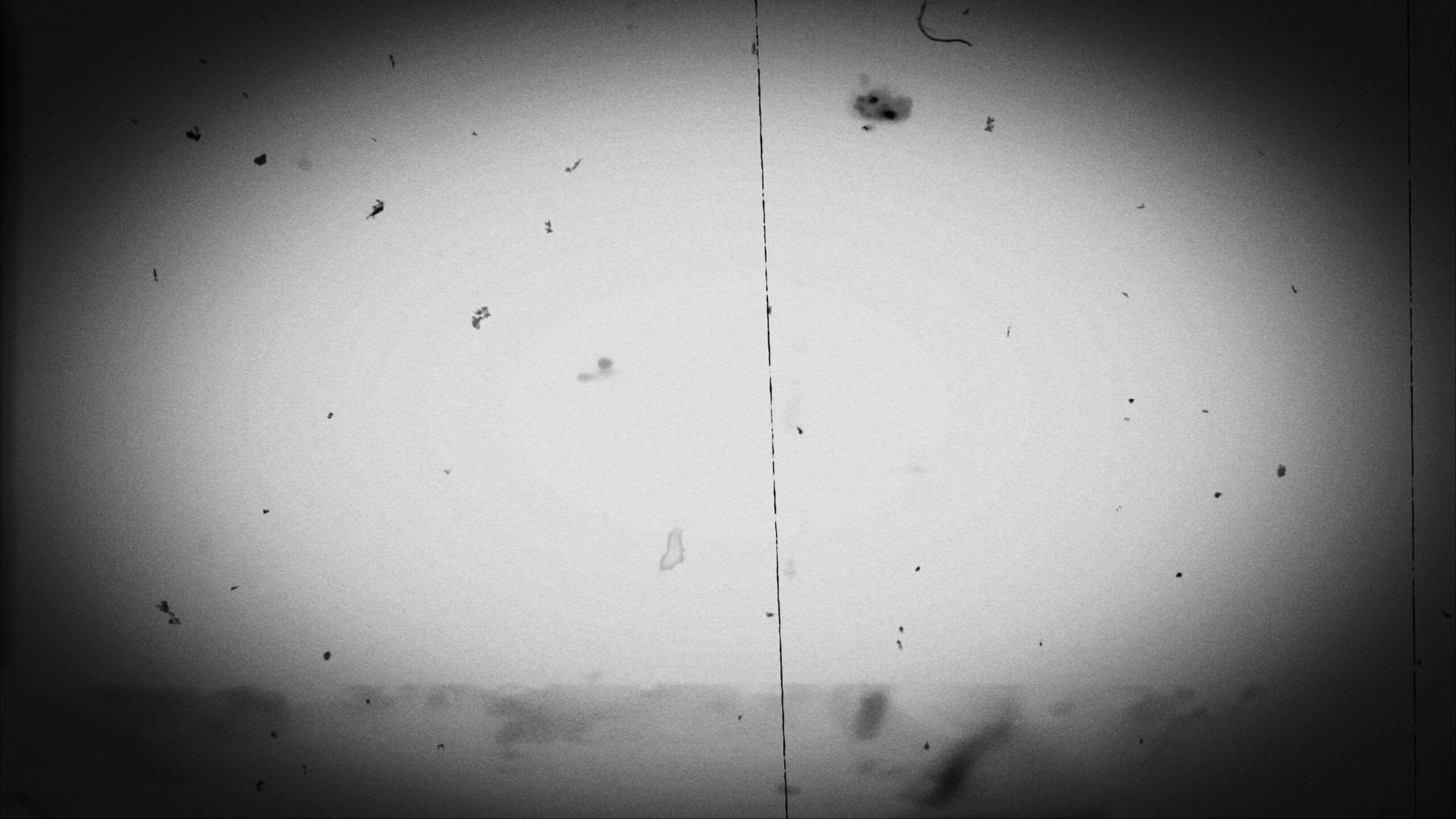 Grainy black-and-white 16mm film leader with dust spots and vertical striations.