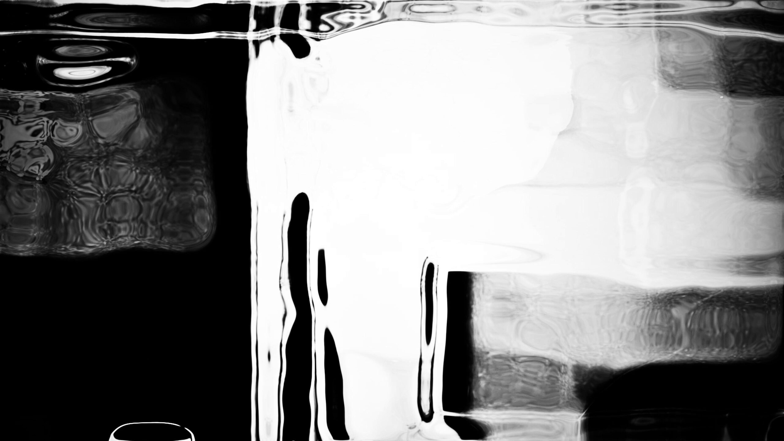 Abstract black white film leader with flowing liquids and mirrored distortion effects.
