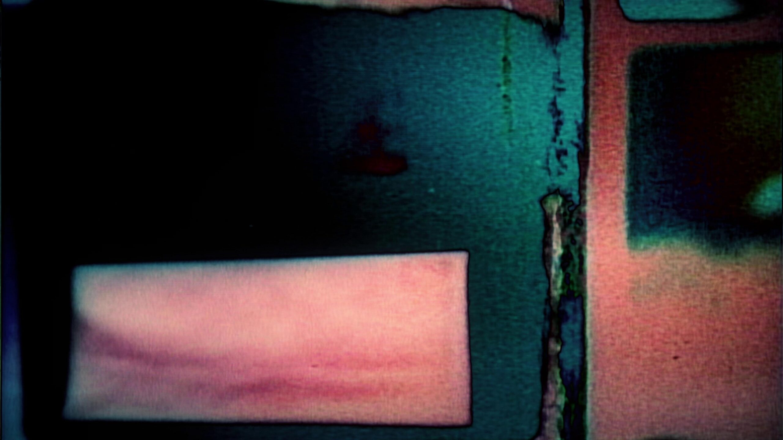 4K video of abstract 16mm film leader with shifting colors and texture glitches.