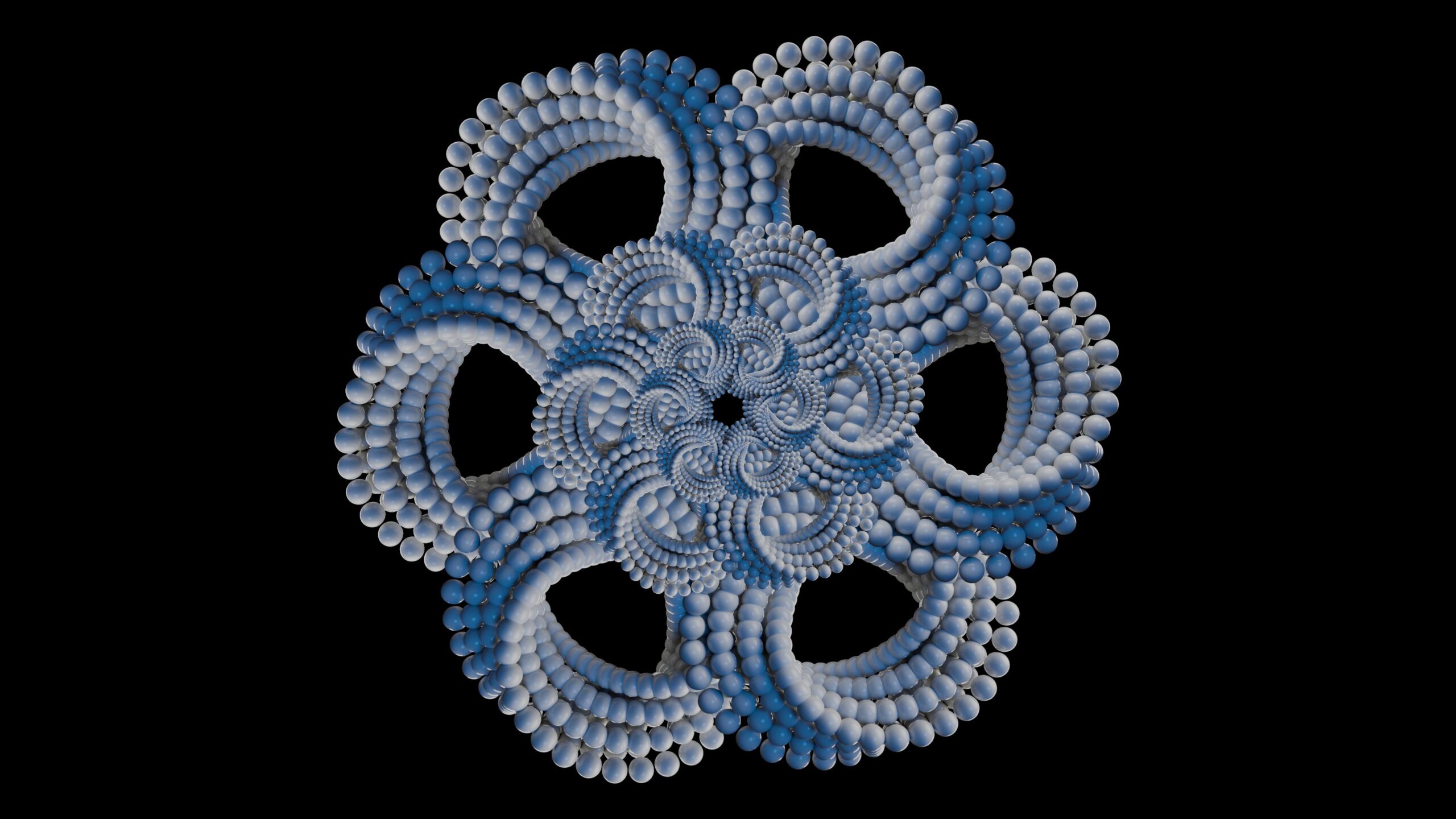 Blue spheres form symmetrical flower-like pattern against dark backdrop — Flower of Life 3D render.