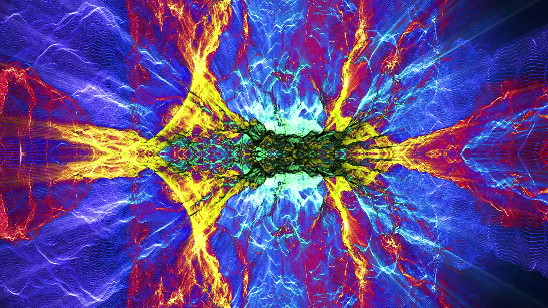 Vibrant abstract video loop with blue, red, and yellow energetic swirls creating a symmetrical, kaleidoscope-like design.