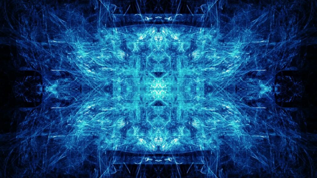 Abstract symmetrical fractal video in blue hues, featuring intricate patterns and a central glowing focal point, creating a visually captivating digital animation.