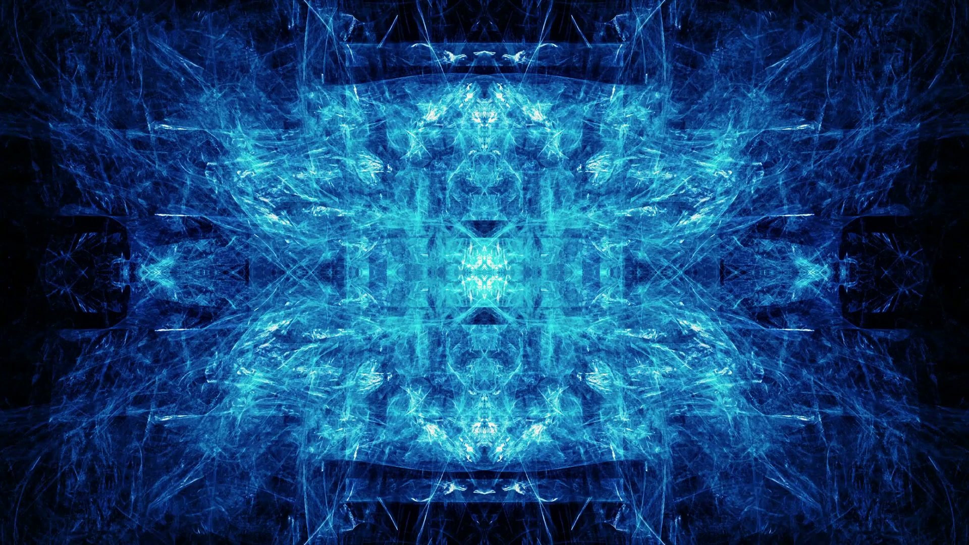 Abstract symmetrical fractal video in blue hues, featuring intricate patterns and a central glowing focal point, creating a visually captivating digital animation.