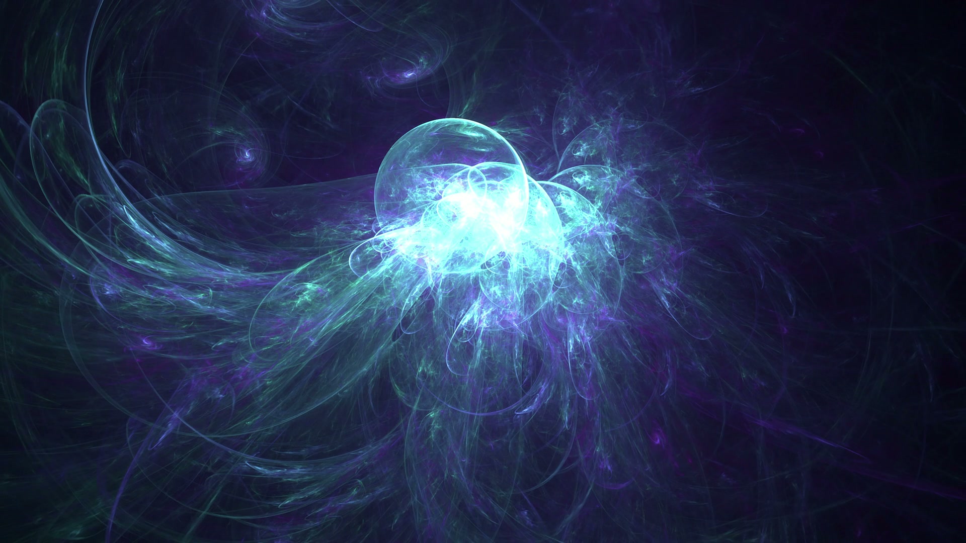 Abstract digital art video with swirling ethereal blue, green, and purple fractal light tendrils around a glowing central orb on a dark navy background.