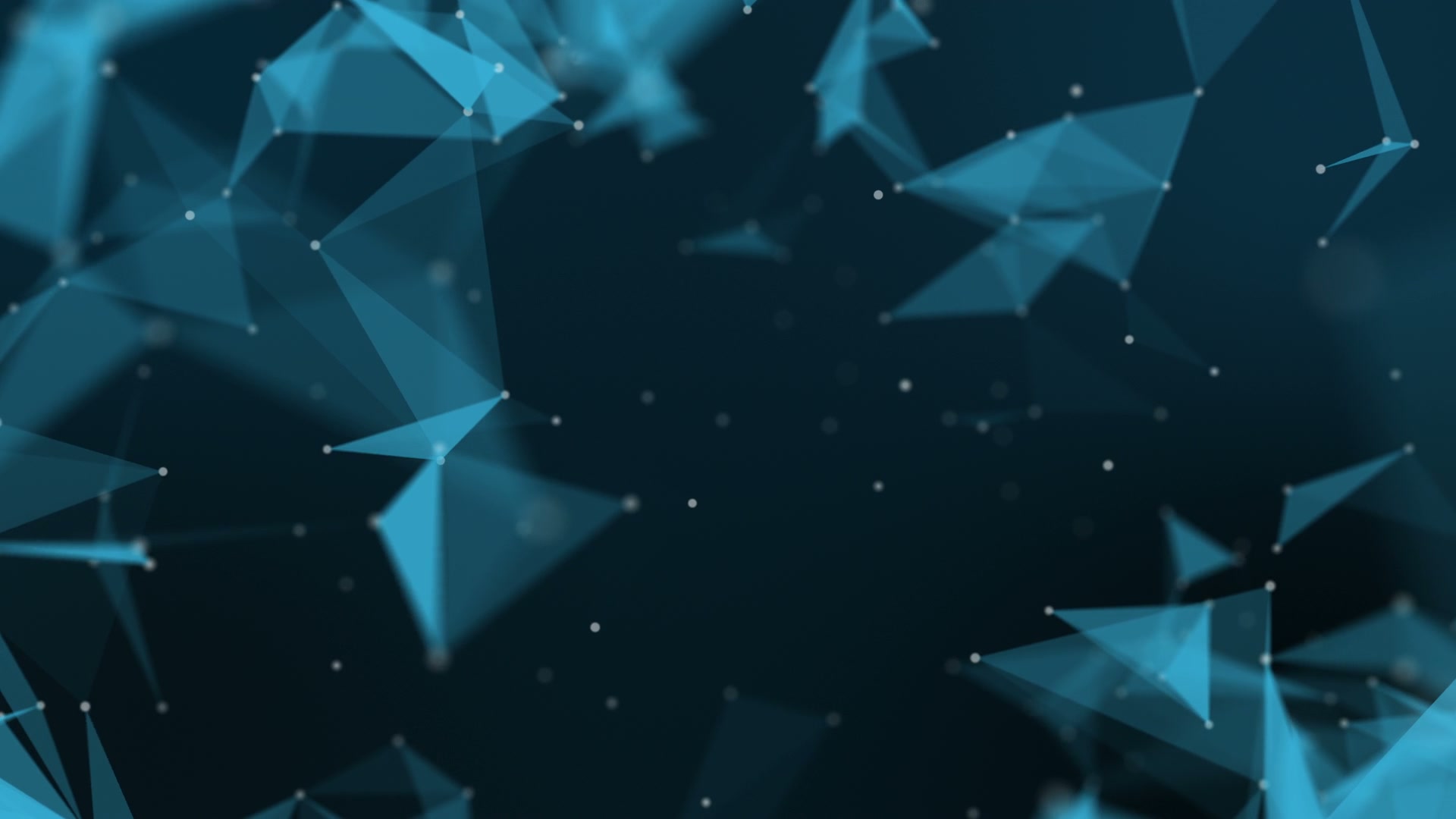 Abstract video loop of a geometric digital network with blue triangular shapes and white dots on a dark background, representing connectivity and technology.