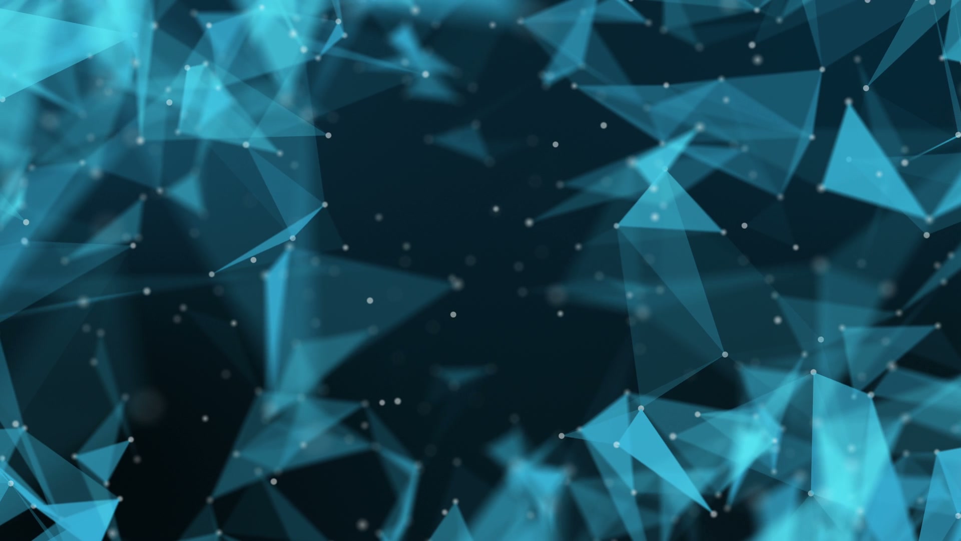 Futuristic abstract looping video featuring a network of interconnected teal triangles with small white nodes on a deep blue background, symbolizing digital connectivity and technology.