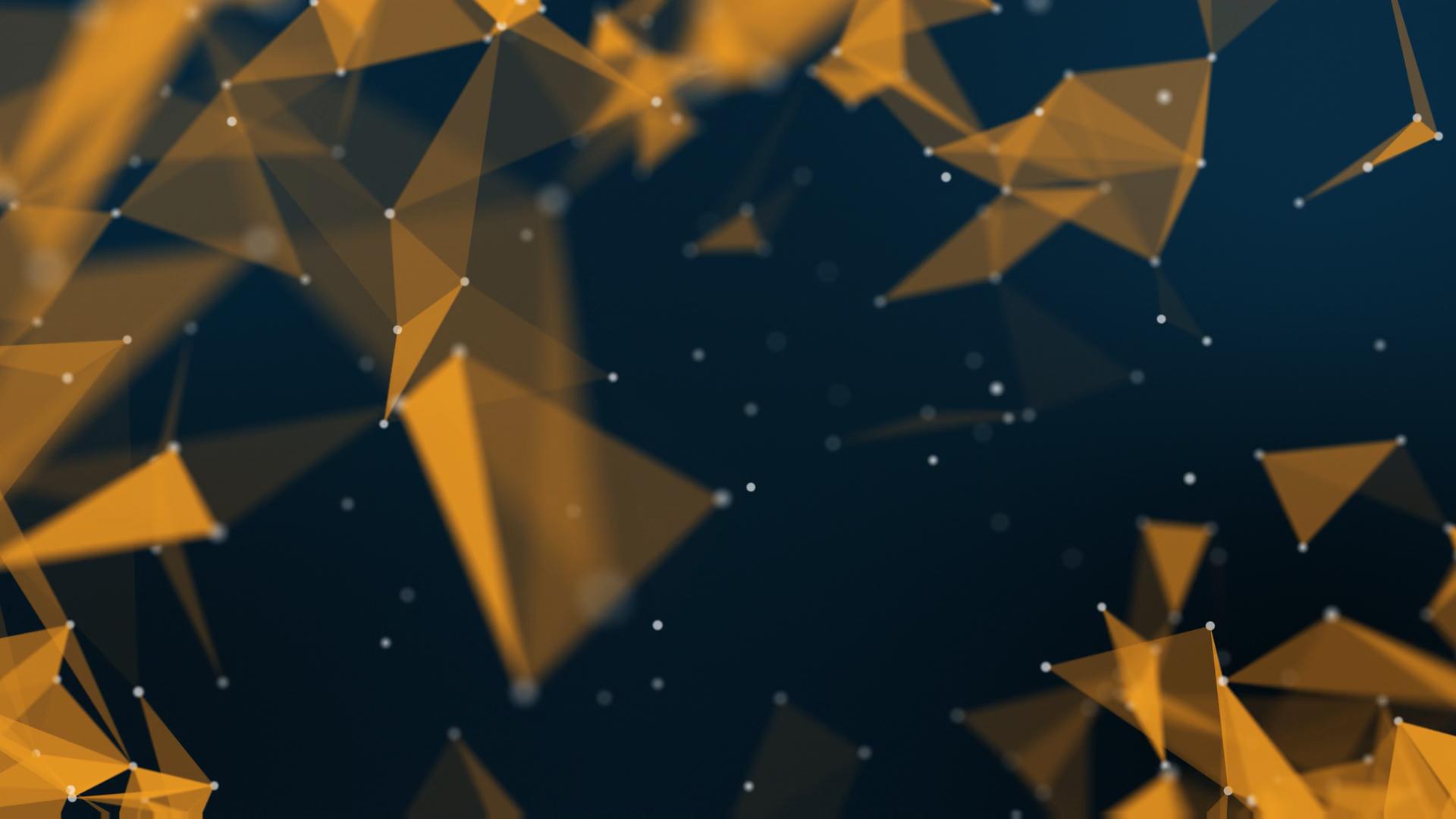 Abstract digital art featuring interconnected orange and yellow polygons against a dark background, representing a network of connectivity and modern technology.