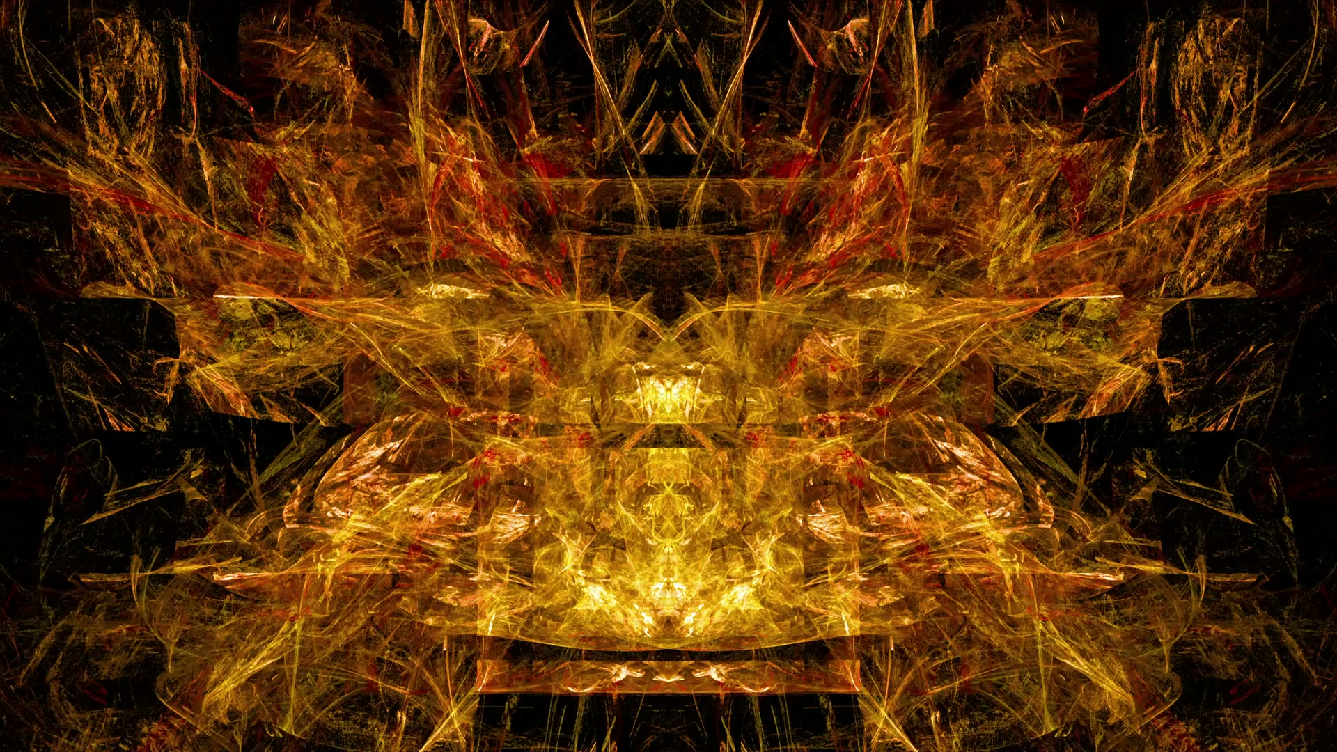 Vivid abstract digital art animation featuring a symmetrical formation in fiery fractal gold and red hues with intricate textures and dynamic patterns.
