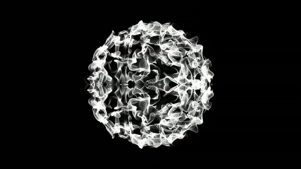 Abstract white spherical video loop with intricate line patterns on a black background, resembling a dynamic and complex digital art piece.