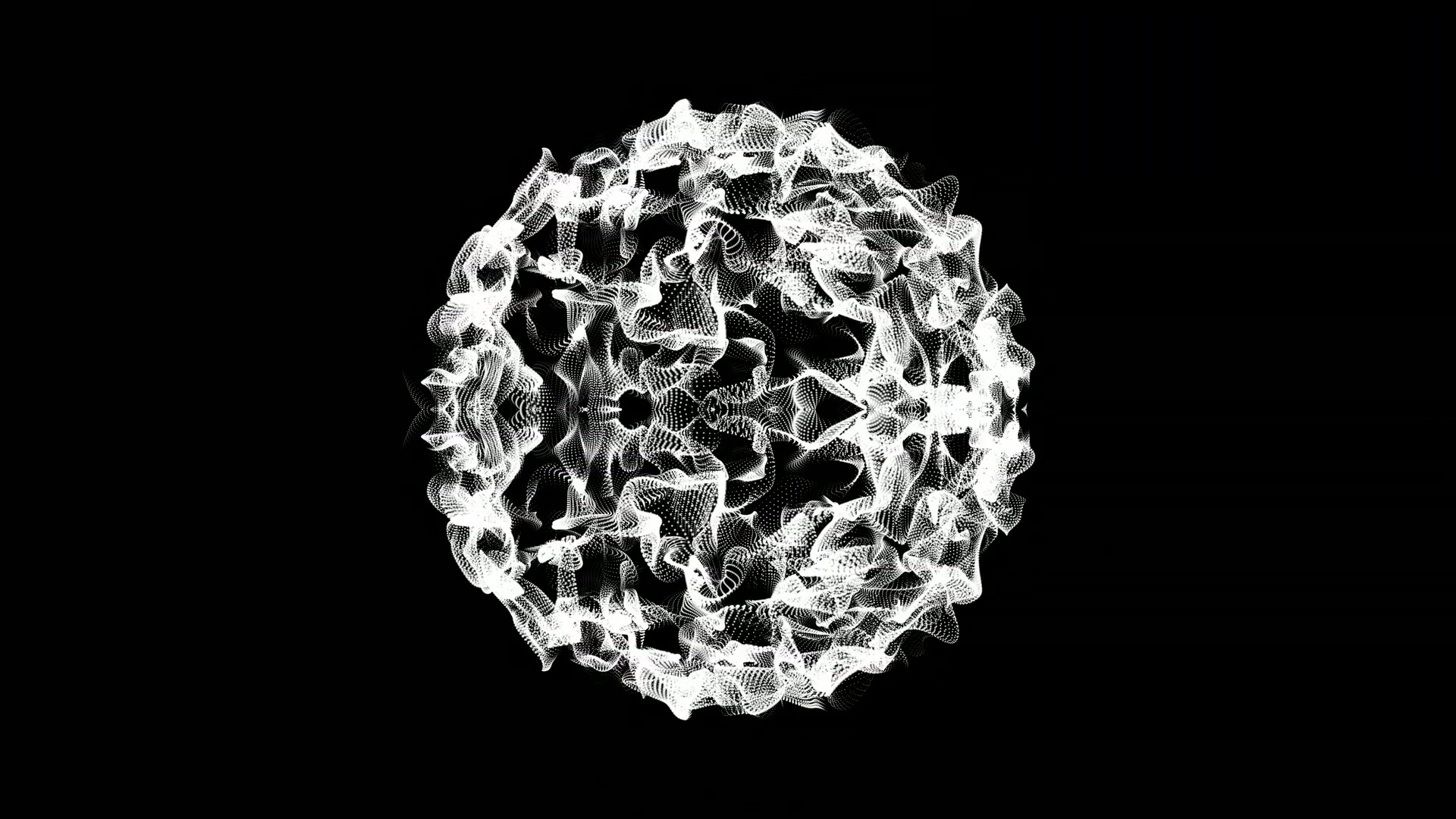 Abstract white spherical video loop with intricate line patterns on a black background, resembling a dynamic and complex digital art piece.