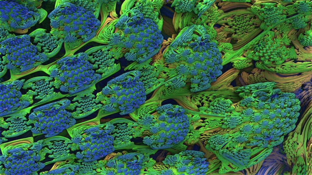 A vibrant HD video loop of an intricate fractal design featuring green and blue patterns resembling coral reefs and abstract flora, showcasing complex textures and a sense of infinite expansion.