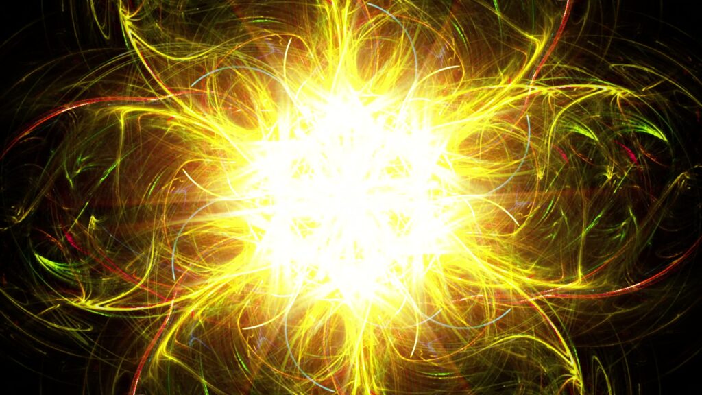 A captivating digital video loop showcasing an explosive burst of bright yellow and white energy, surrounded by swirling patterns of green and red against a dark background.
