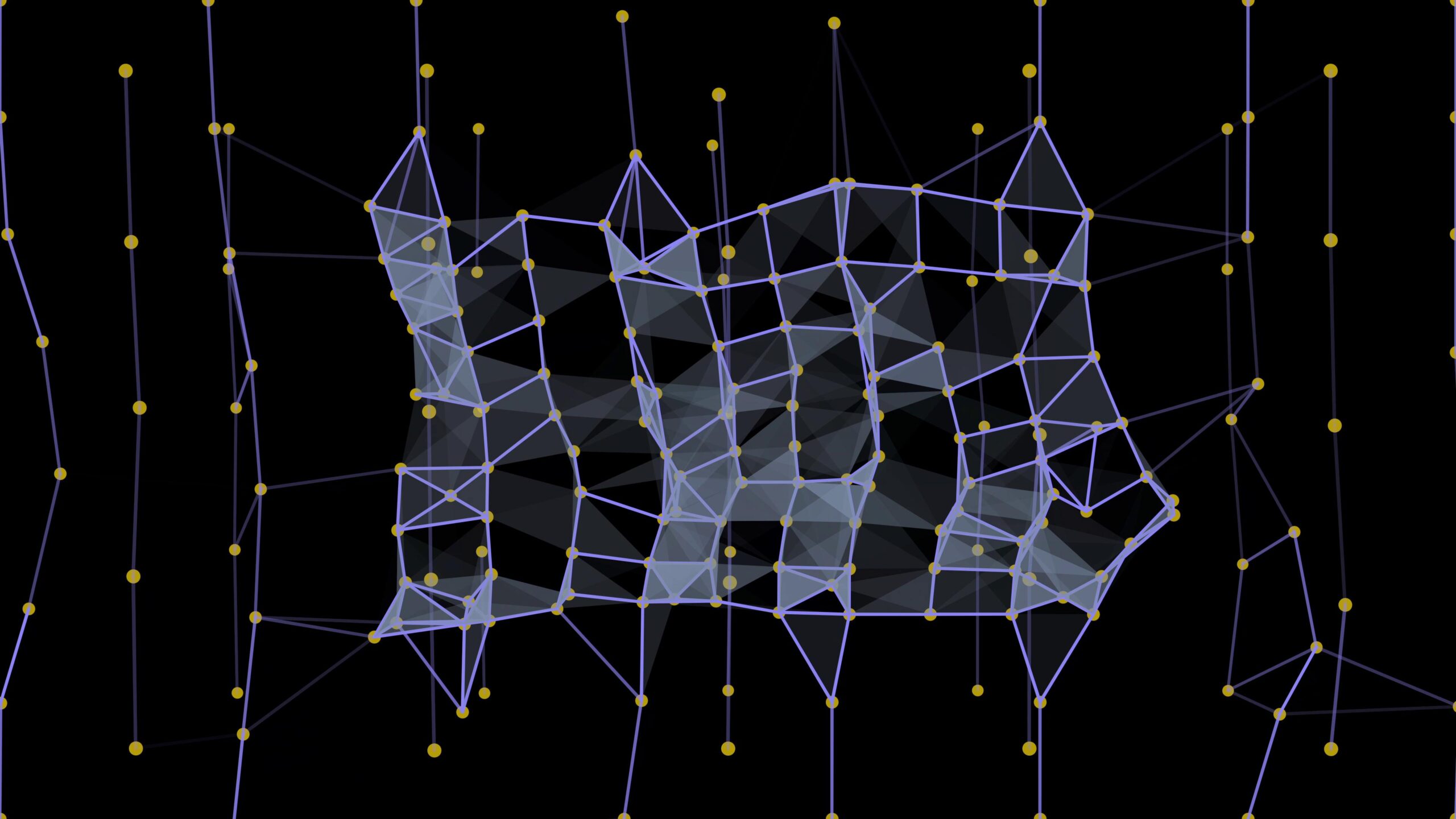 4K video loop of an abstract geometric network structure with yellow nodes and purple lines against a black background.