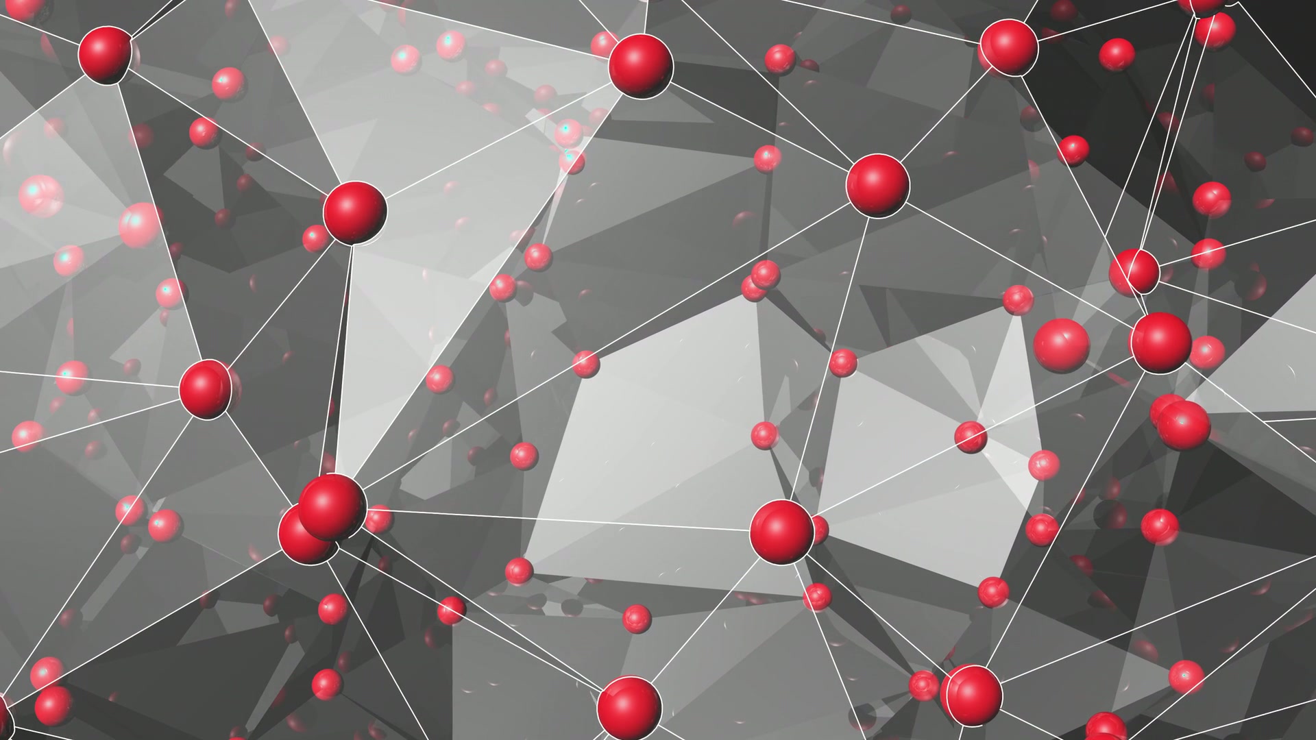 Digital abstract video loop featuring interconnected red spheres on a geometric background, illustrating network connectivity and modern design principles.