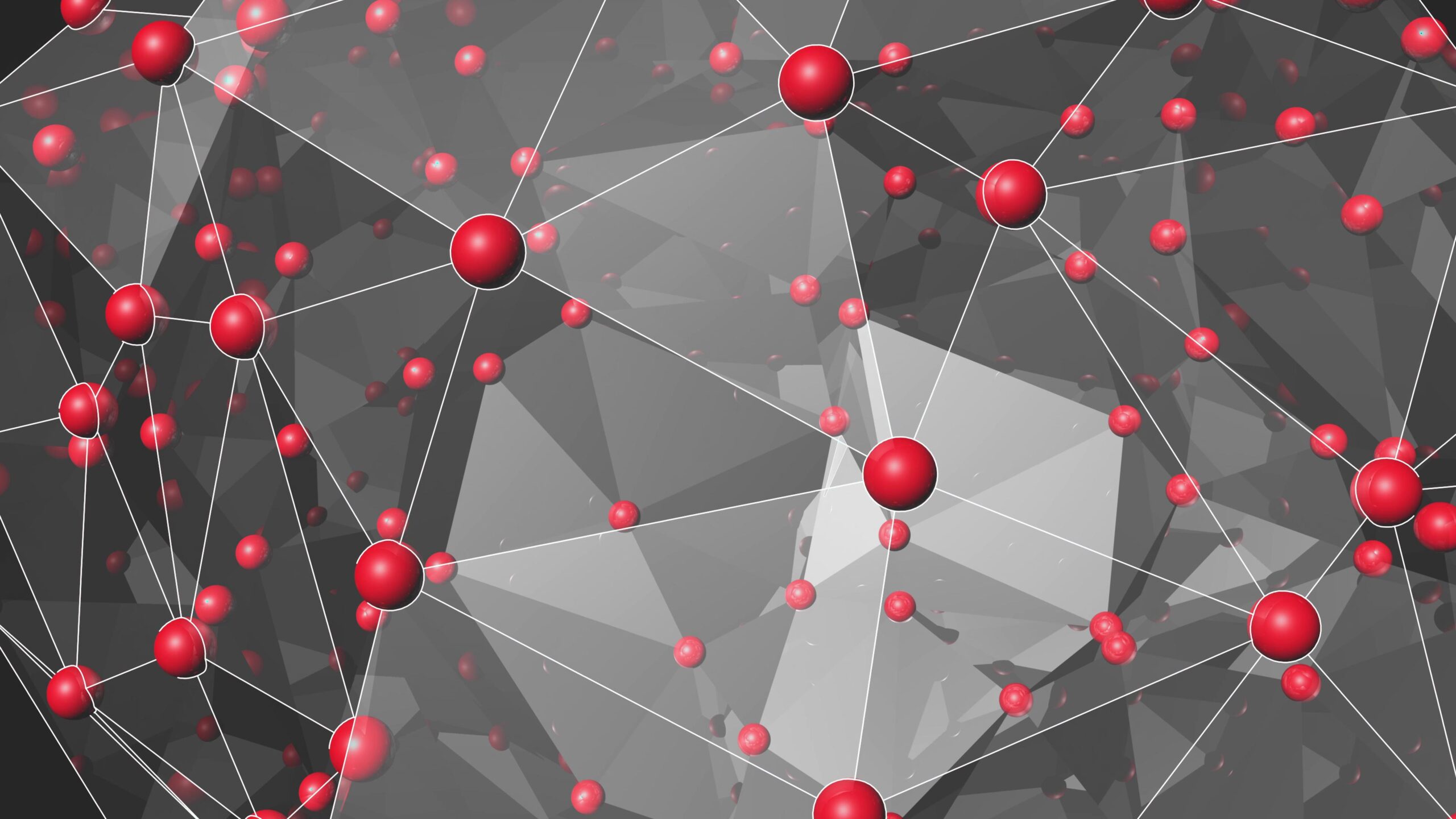 Digital abstract 4K video loop featuring interconnected red spheres on a geometric background, illustrating network connectivity and modern design principles.