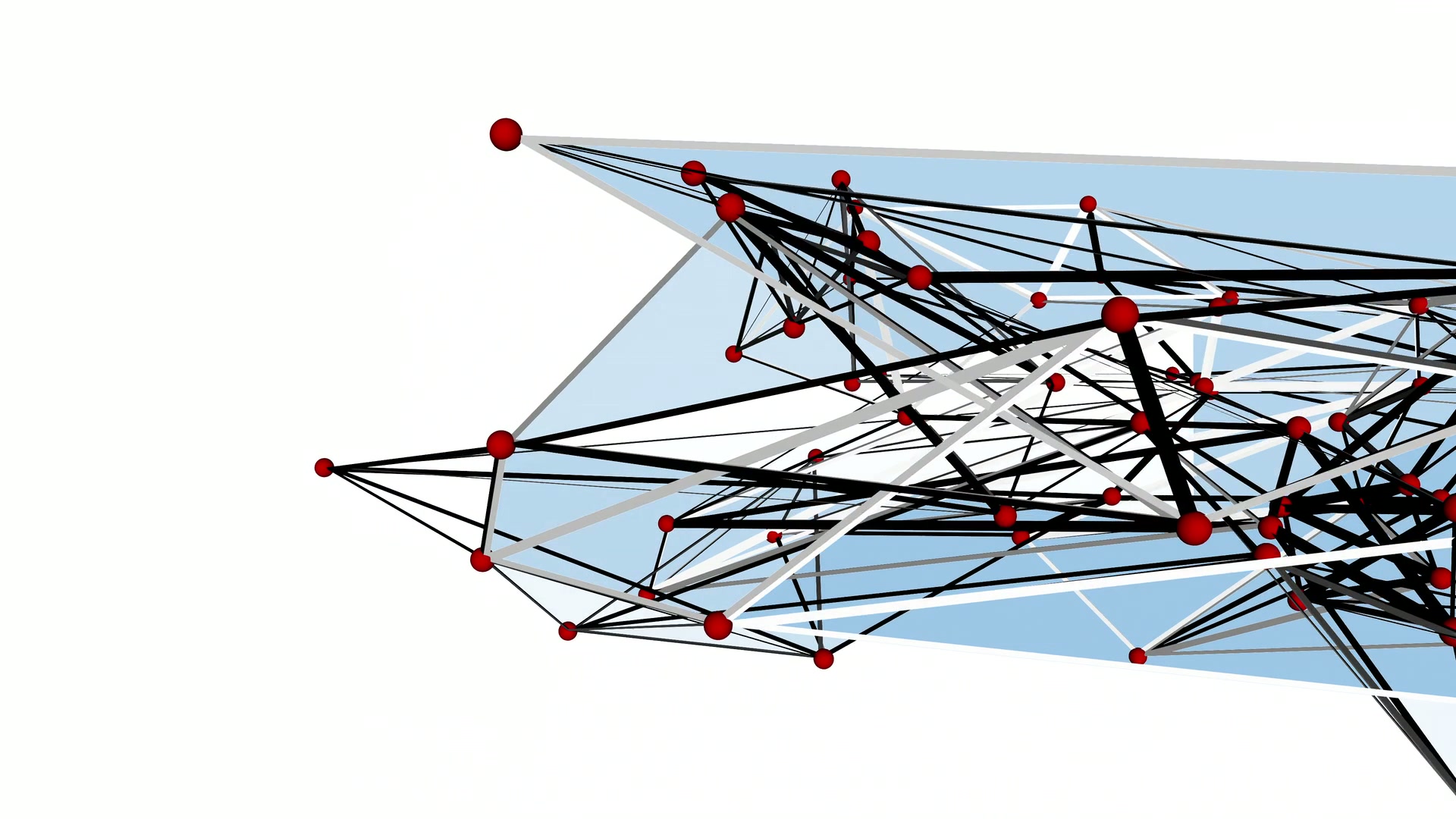 Intricate 3D network structure with red nodes and black and white lines on a light blue background.