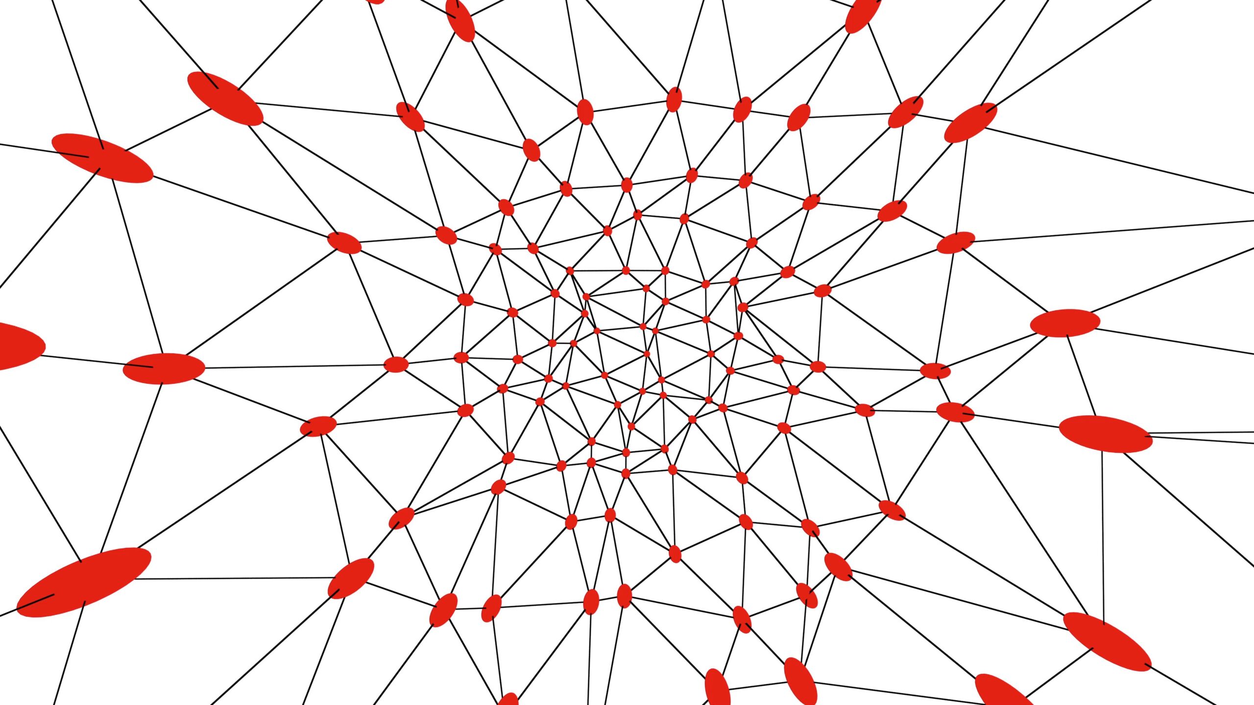 4K video loop of a fluctuating geometric network with red ellipses connected by black lines on a white background.