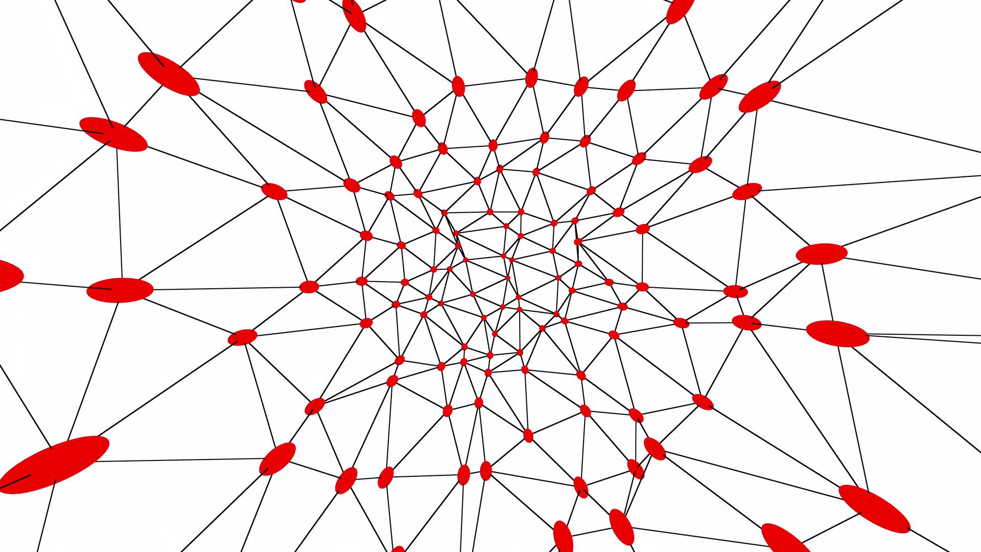 Abstract HD video loop of a geometric network with red oval nodes interconnected by black lines on a white background.