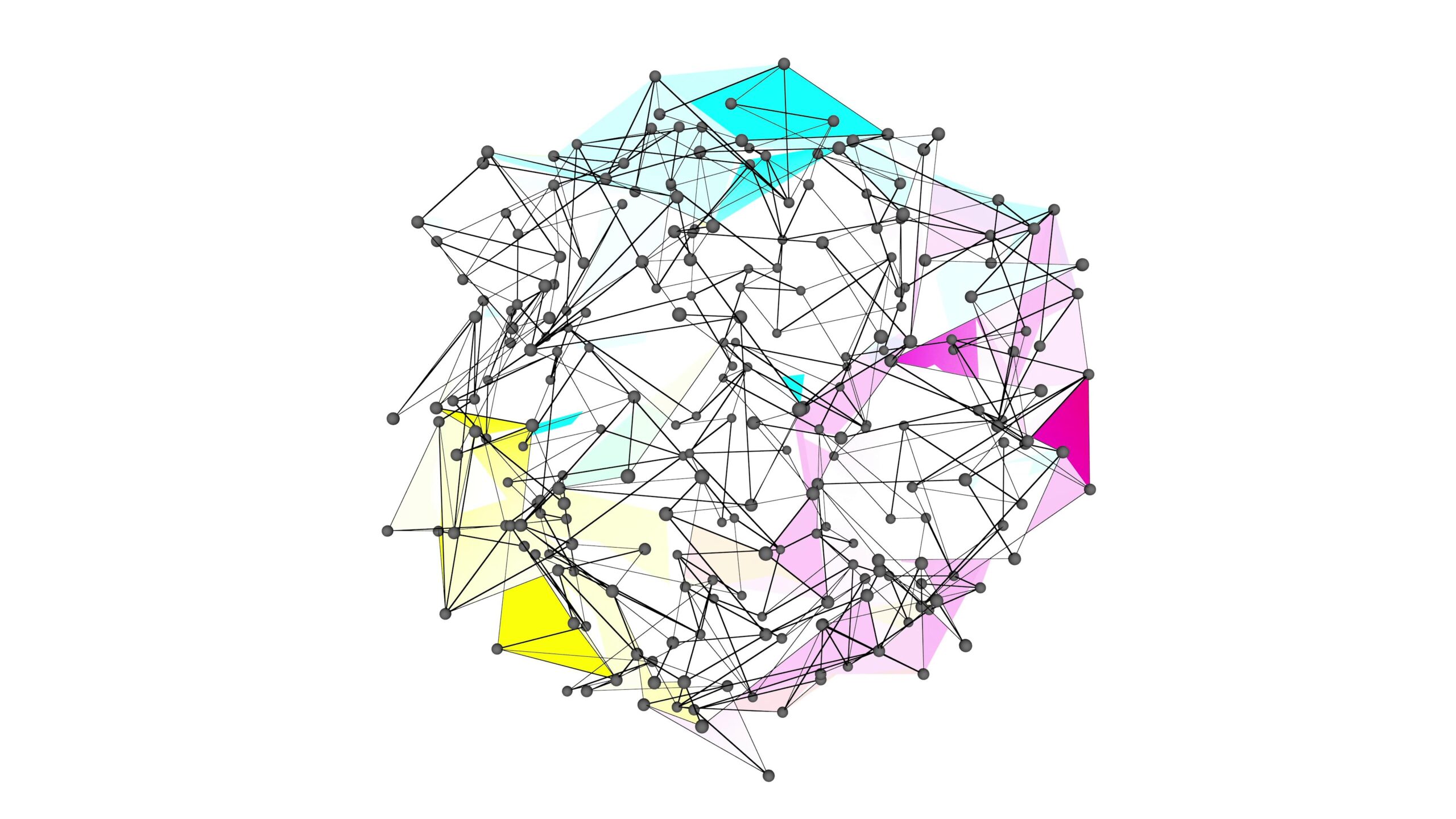 Complex geometric network with colorful connections and nodes in a three-dimensional abstract design.