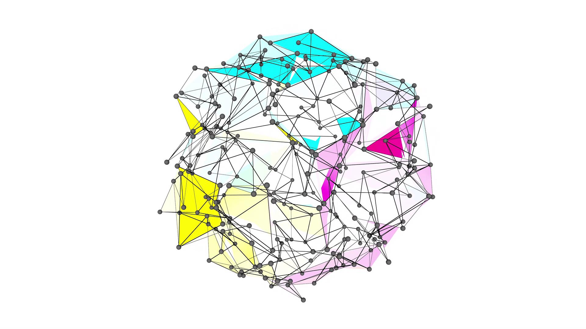 Colorful abstract geometric sphere animated network with interconnected polygons.