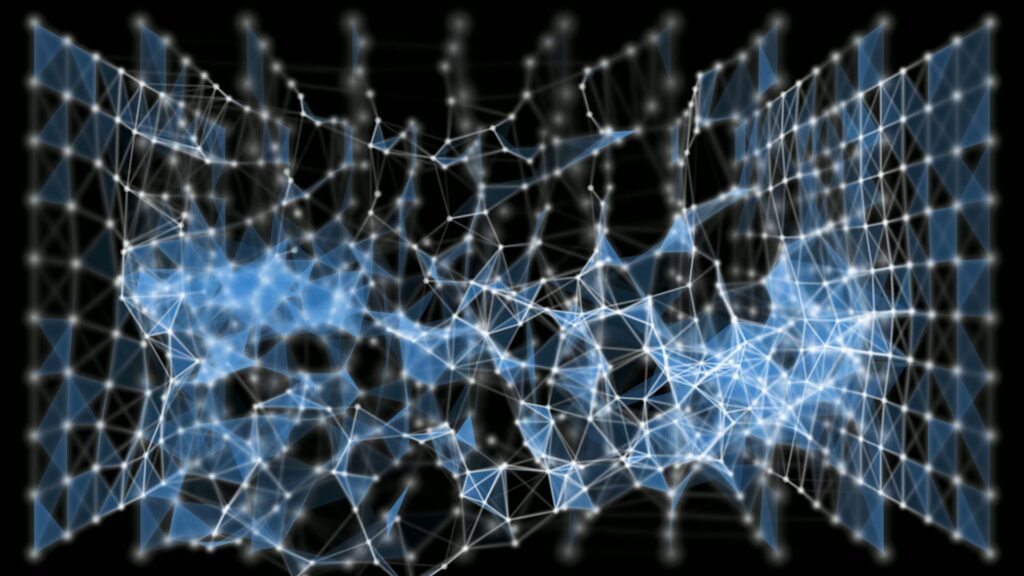 A network of interconnected nodes and lines creating an animated 3D lattice structure. Video animation loop.