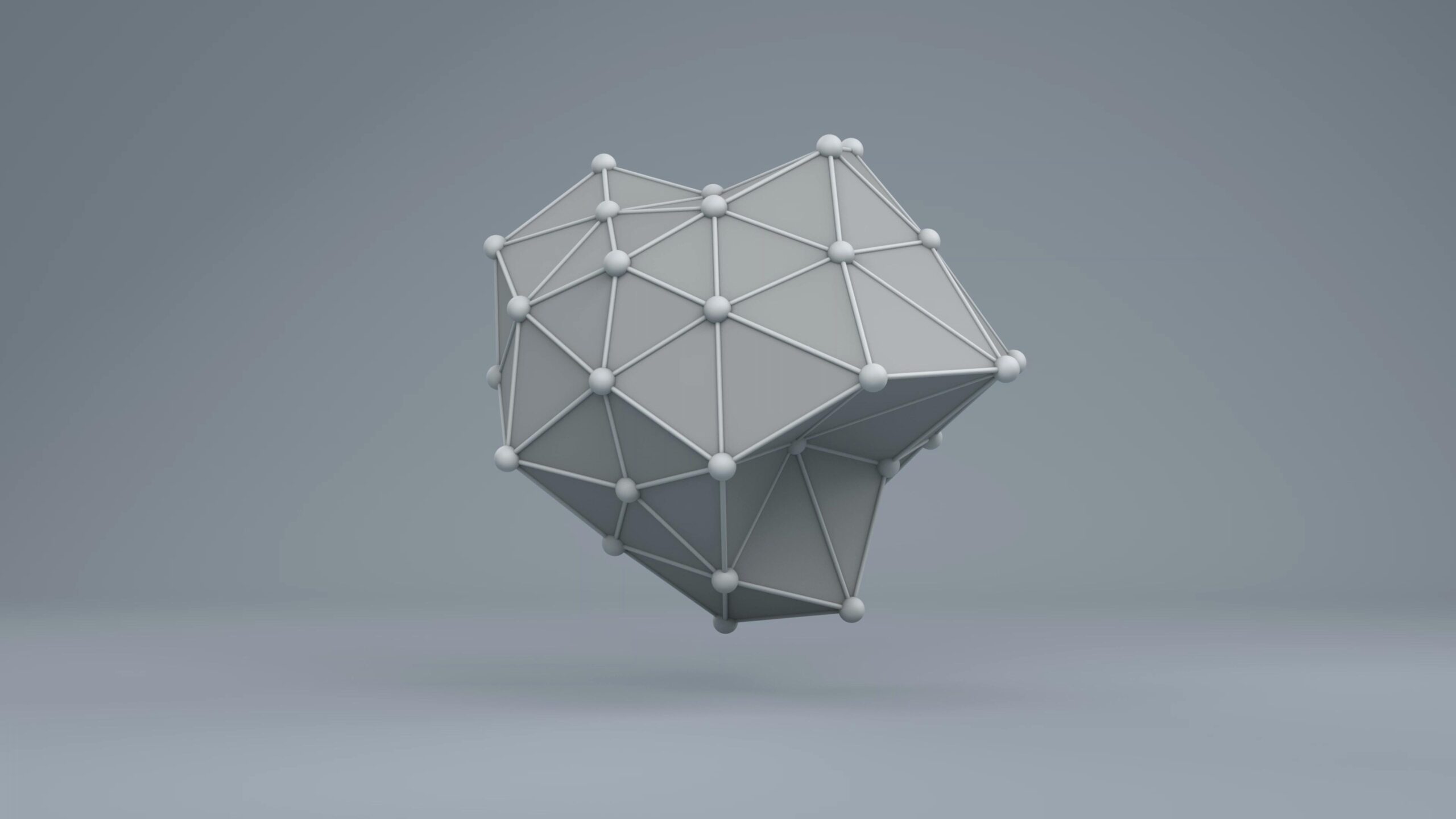 The 4K video loop showcases a sleek, geometrically complex polyhedron composed of interconnected white spheres and slender lines forming triangular facets across its surface, fluctuating slowly in a minimalist gray environment.