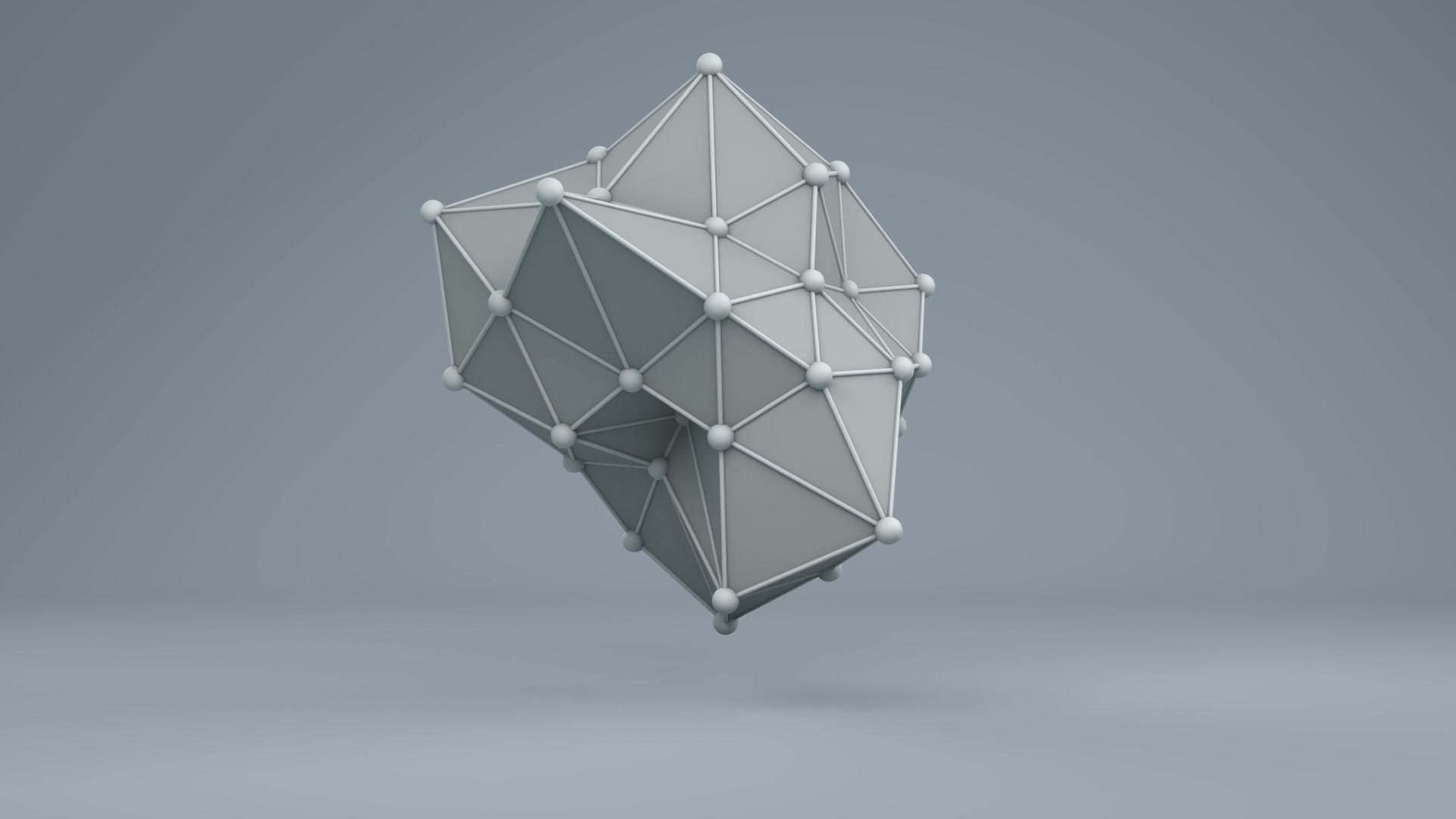Abstract 3D geometric structure with interconnected triangular panels and spherical nodes floating against a gradient gray background, showcasing modern and minimalist design elements in a video loop.