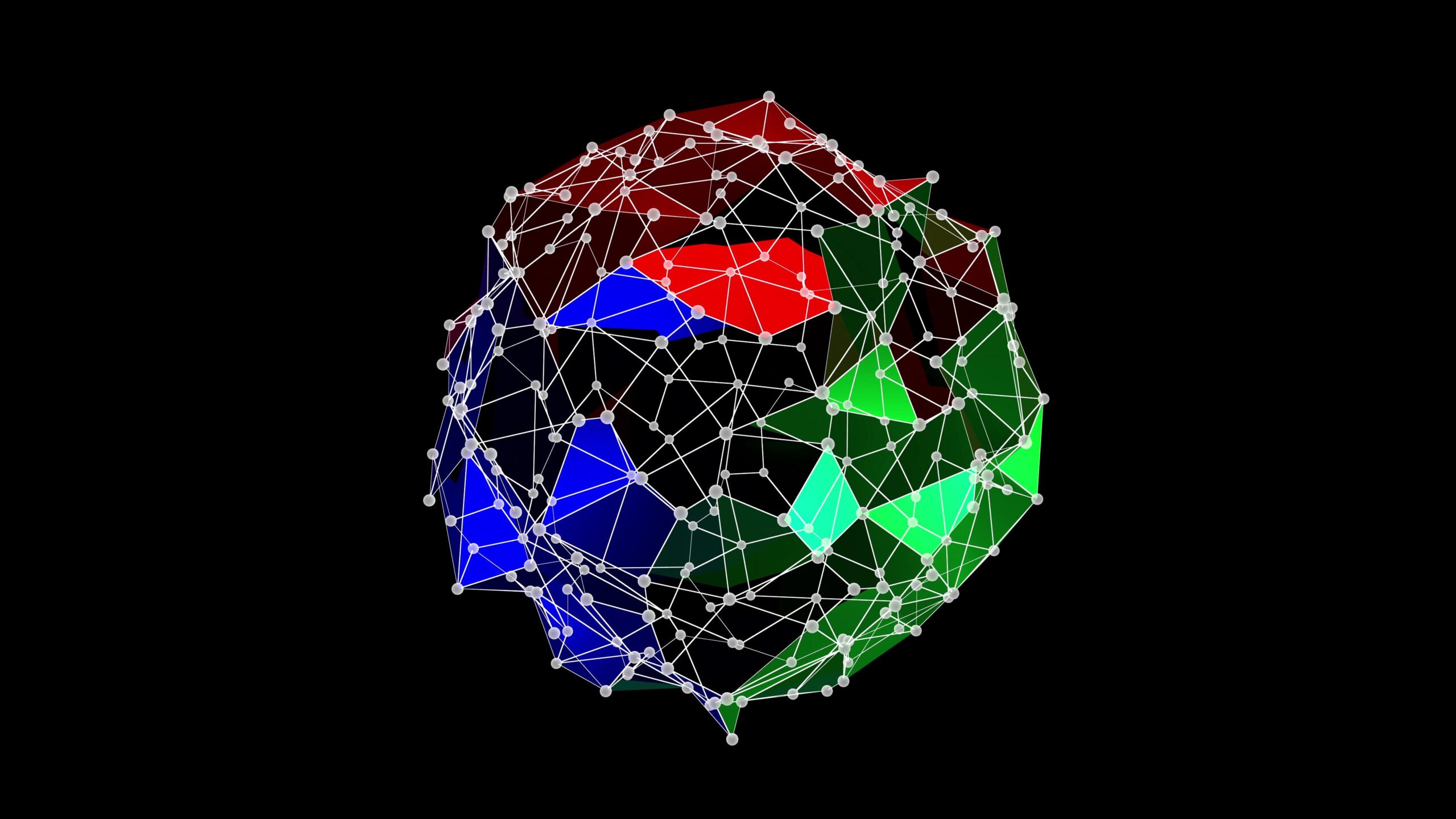 The 4K video loop showcases a dynamic geometric structure composed of interconnected nodes and edges forming a complex polyhedron with vibrant red, blue and green facets that shift subtly as it distorts against an infinite black backdrop.