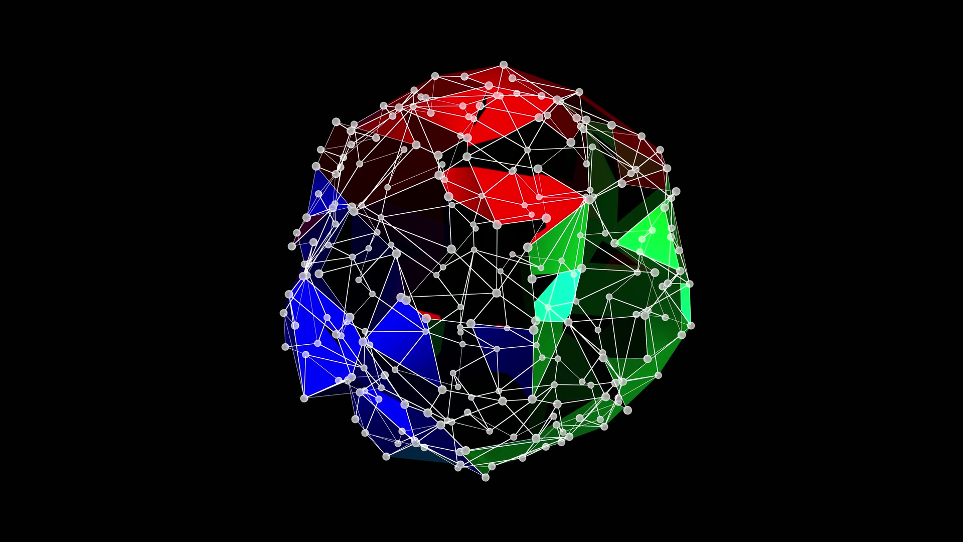 Abstract 3D geometric animating structure with vibrant red, green, and blue triangular facets connected by a network of white lines and nodes against a black background, emphasizing connectivity and modern design.