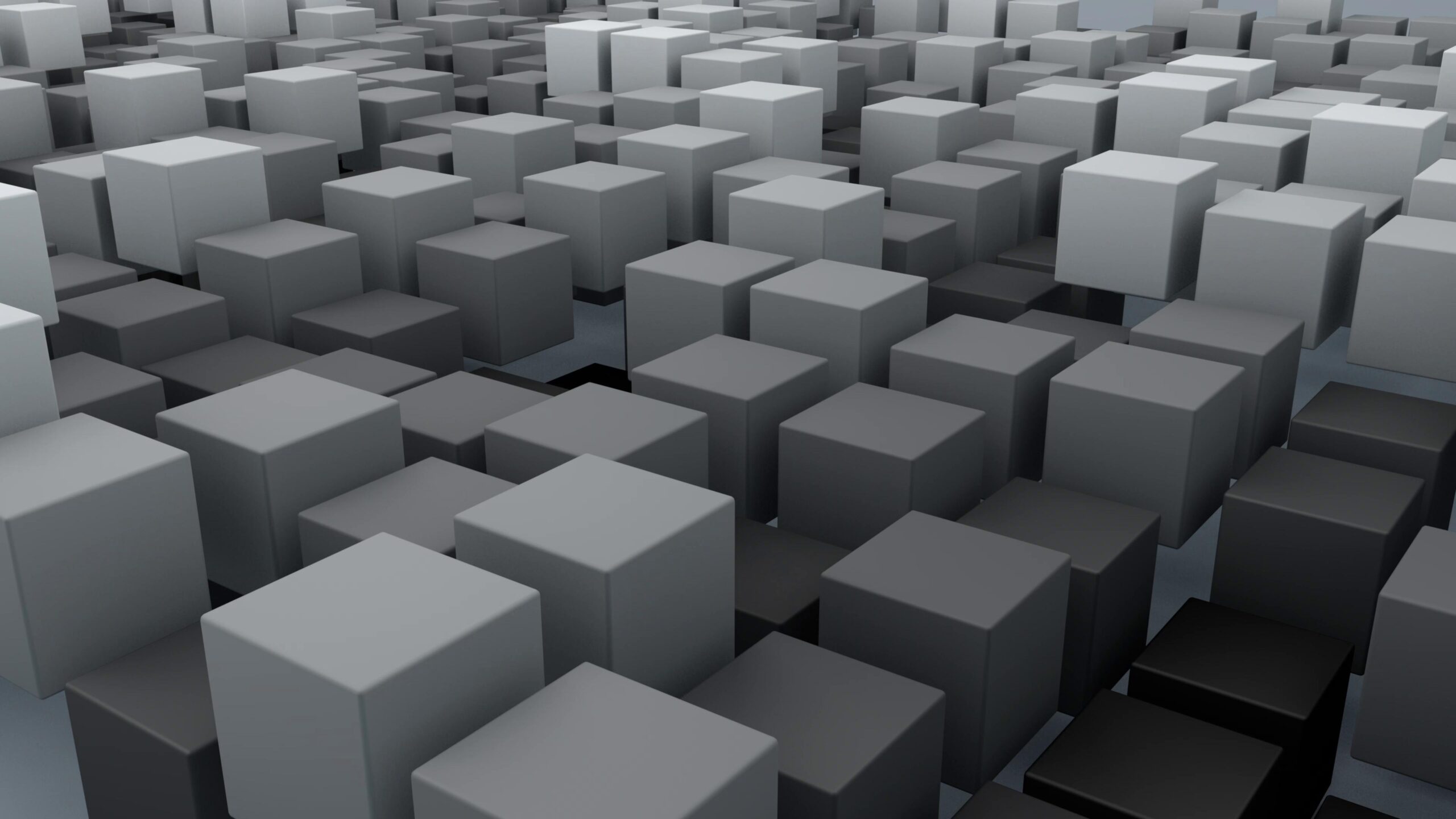 The 4K video loop showcases a dynamic and abstract landscape composed entirely of cubes in varying shades of gray and white, creating an impressionistic terrain that appears to be both structured and chaotic simultaneously.