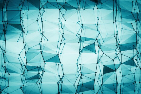 The video loop presents a mesmerizing abstract digital landscape composed entirely of interconnected geometric shapes and nodes .