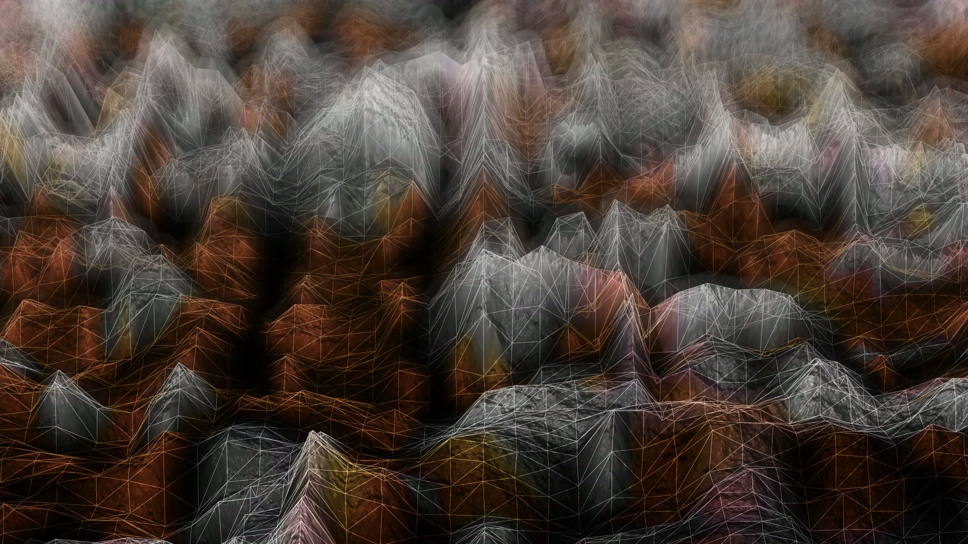 Abstract digital landscape featuring geometric shapes and intricate patterns in earthy tones, resembling a 3D wireframe model over a mountain-like structure.