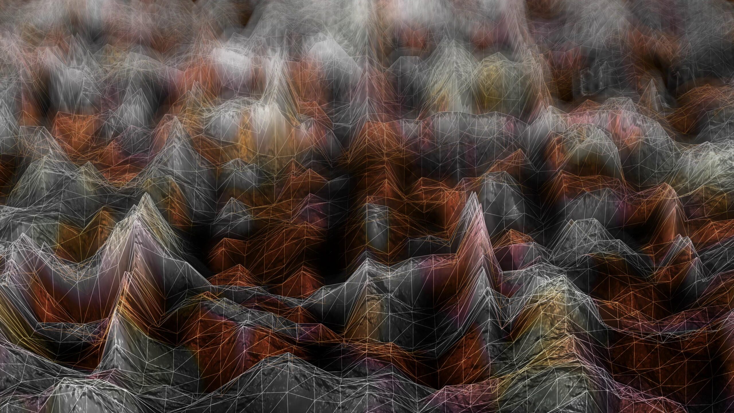 4K video loop of an abstract digital landscape with 3D geometric mesh formations.