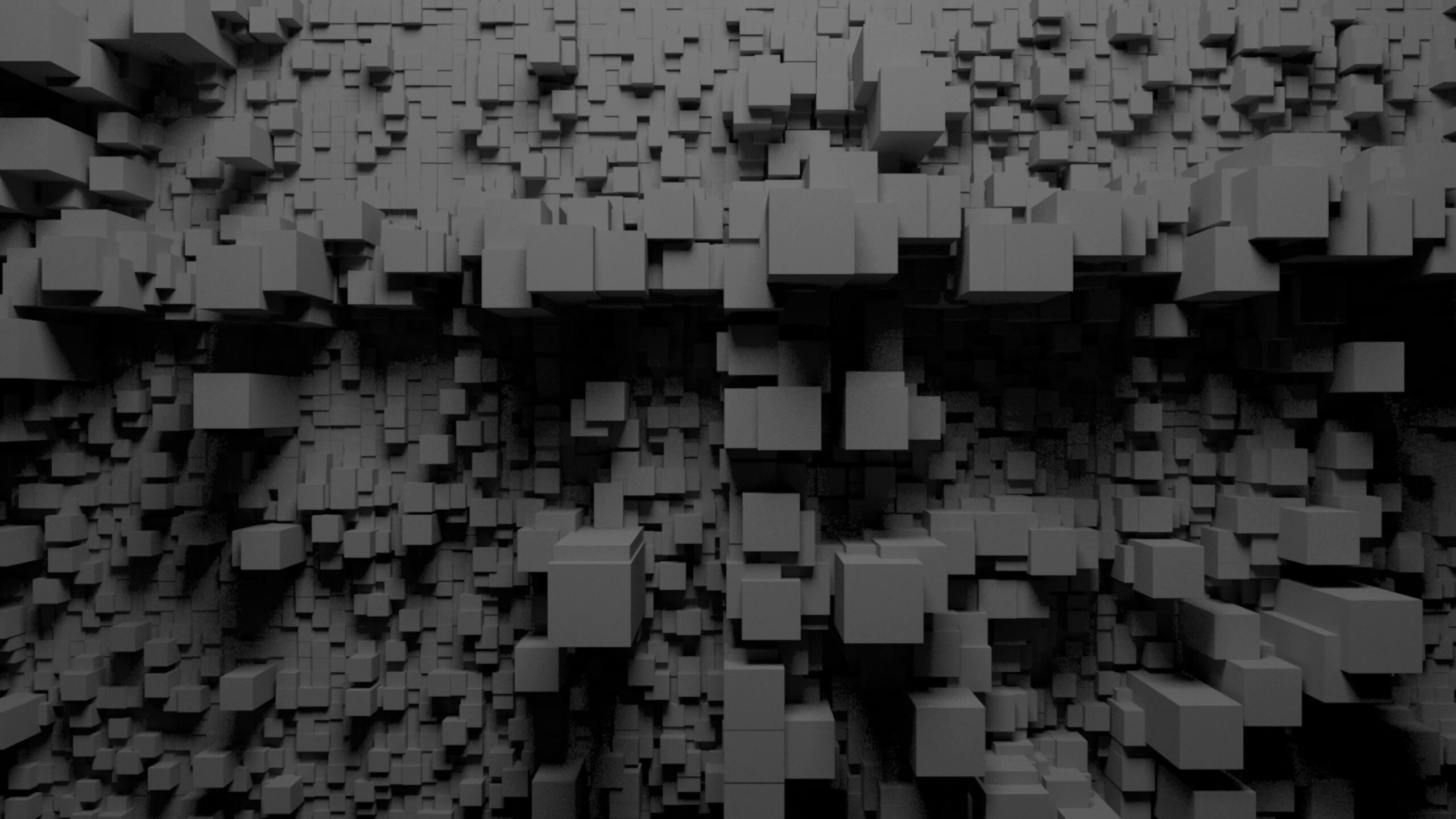 The 4K video loop presents a mesmerizing and abstract visual landscape composed entirely of countless gray cubes that appear to float or hover in mid-air against an otherwise empty void.