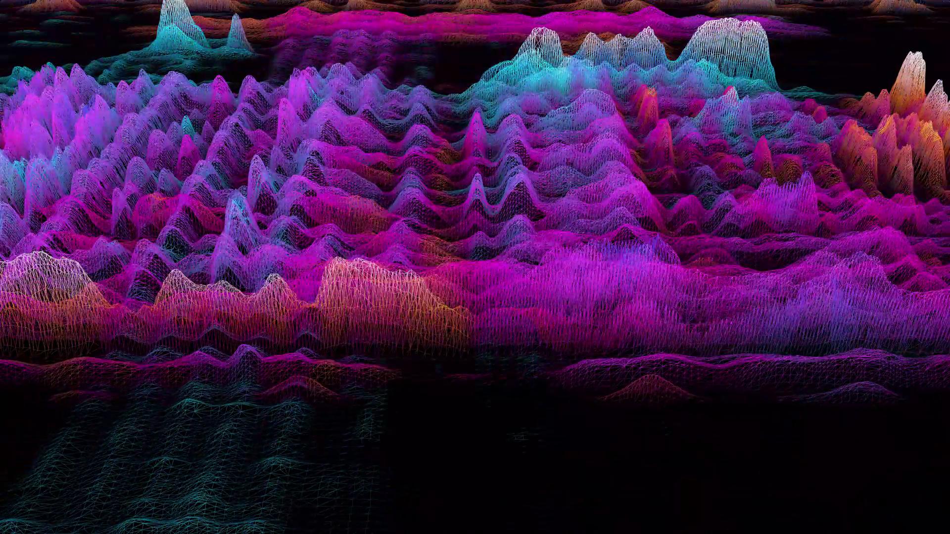 HD video loop of a vibrant abstract wireframe landscape with colorful lines on a black background.