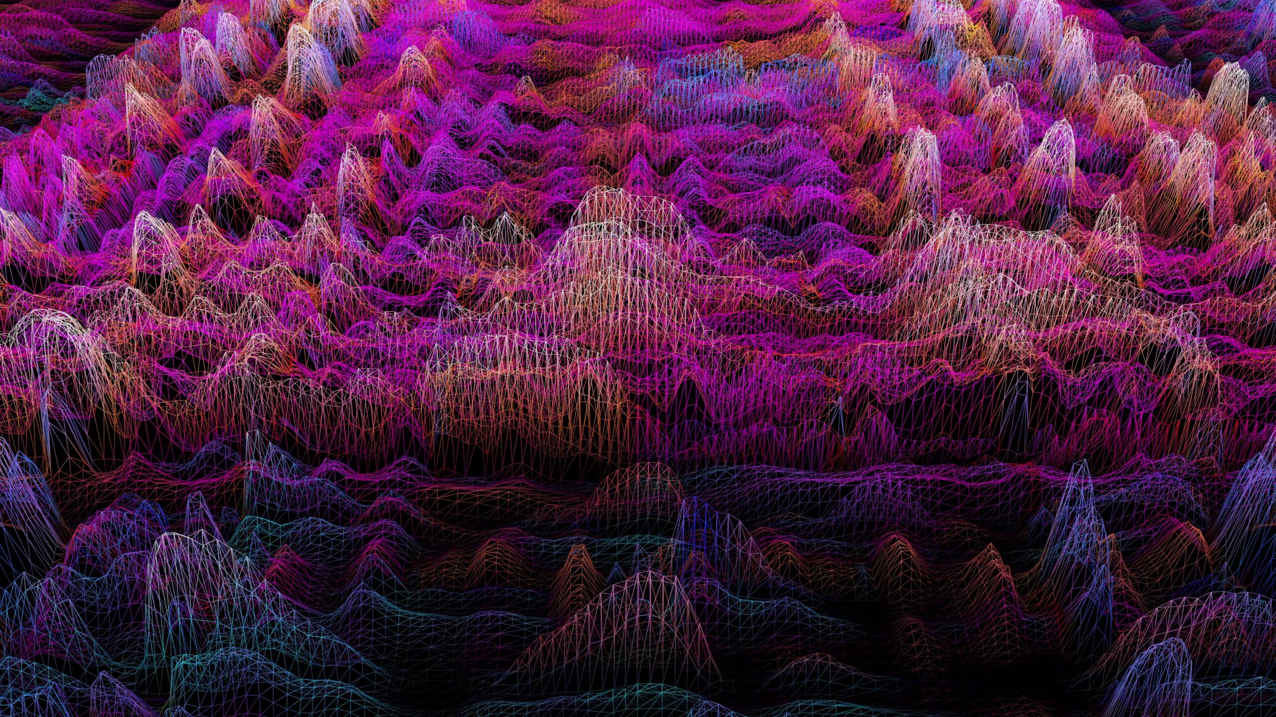4K video loop of a vibrant abstract wireframe landscape with colorful lines on a black background.
