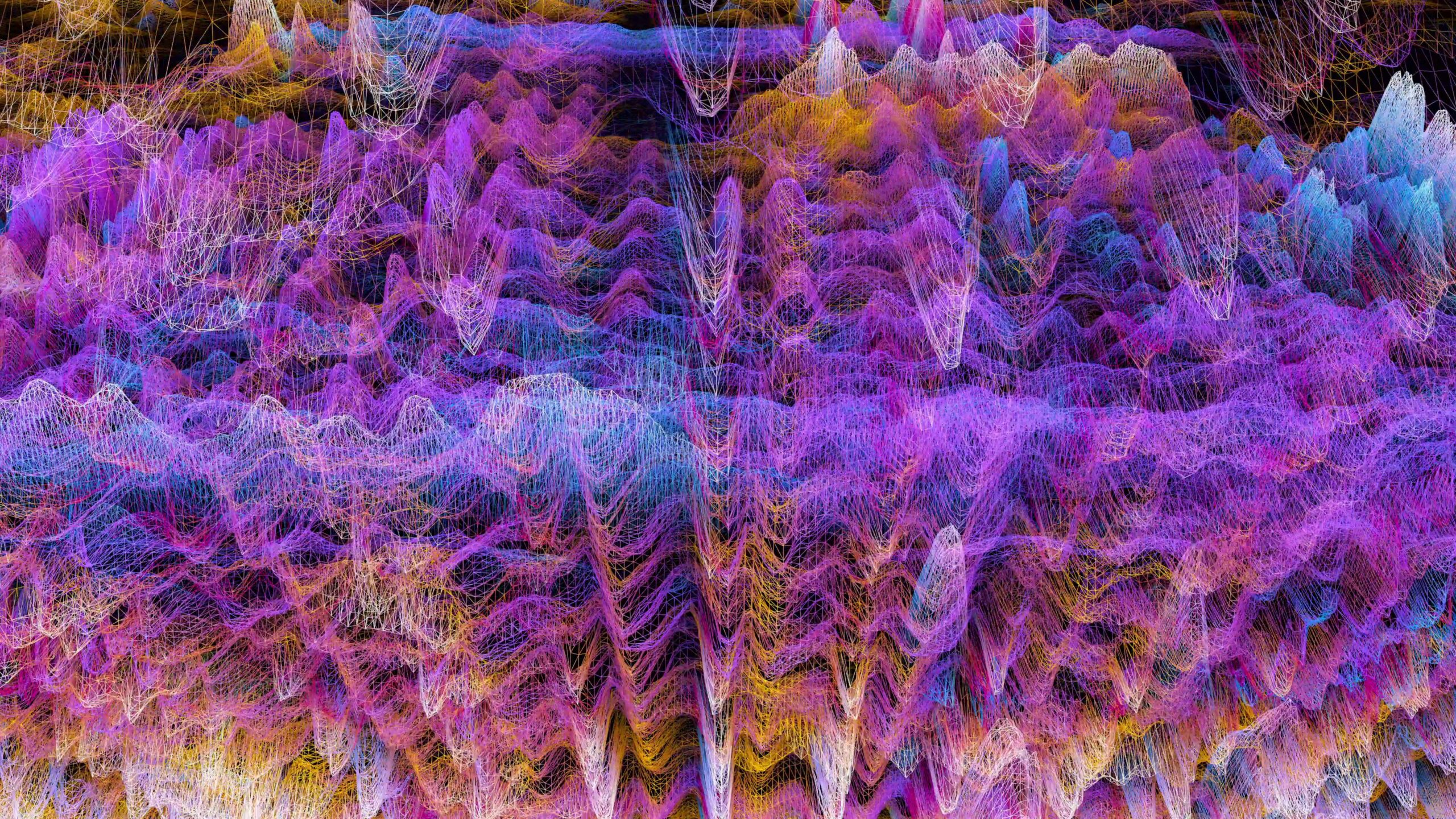 A swirling 4K video loop, colorful digital mountain range composed of luminous lines and gradients, resembling a futuristic or psychedelic wireframe landscape.