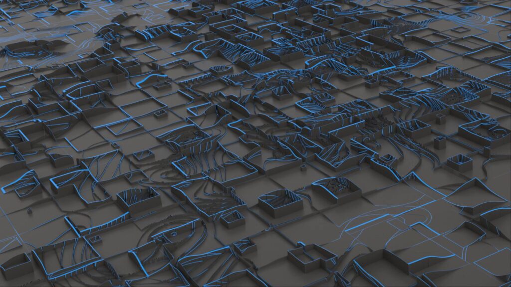 HD video loop of a highly stylized and abstract digital terrain showcasing technological precision and organic complexity.