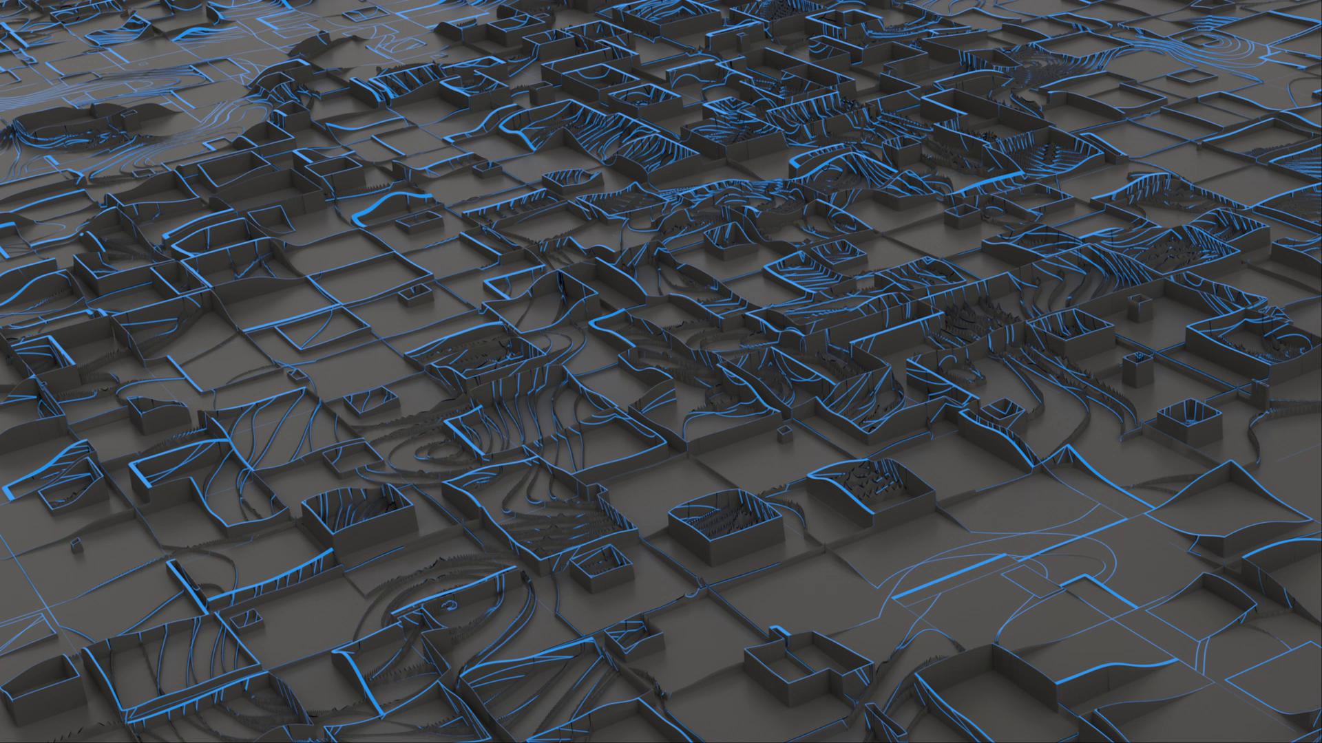 HD video loop of a highly stylized and abstract digital terrain showcasing technological precision and organic complexity.