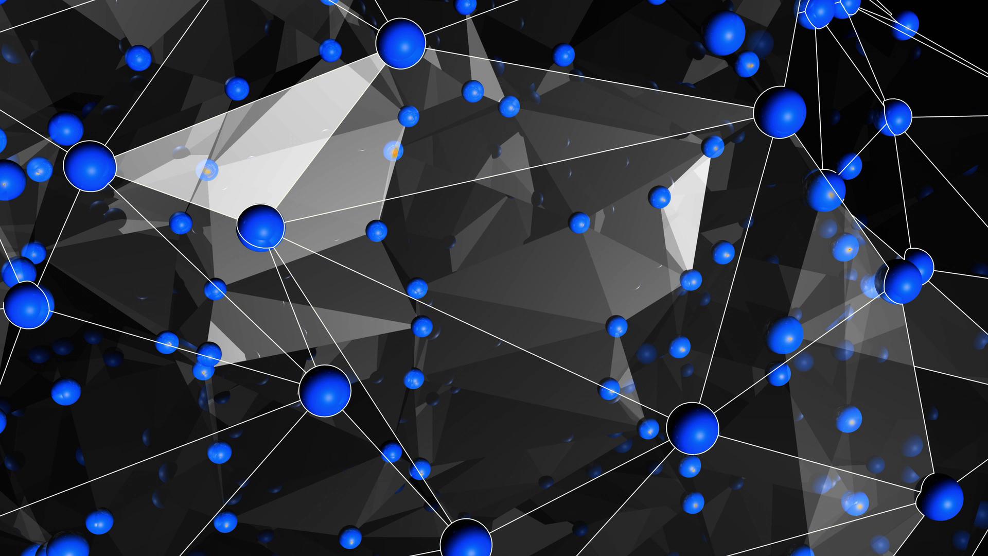 A futuristic abstract visualization showcasing connected spherical elements forming a luminous mesh structure over dark geometrical forms.