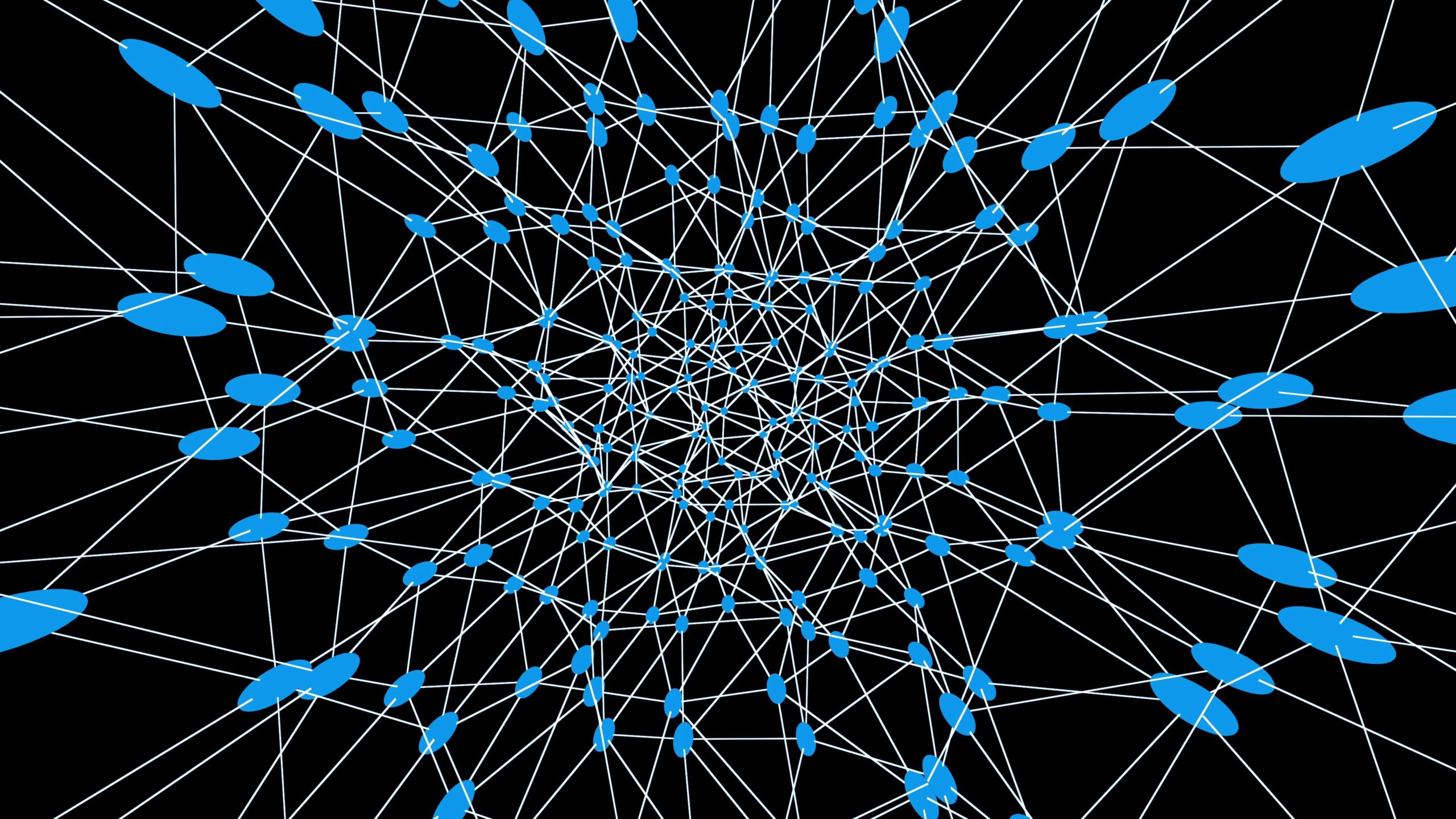 Abstract 4K video loop of a digital network with interconnected nodes and lines on a black background.